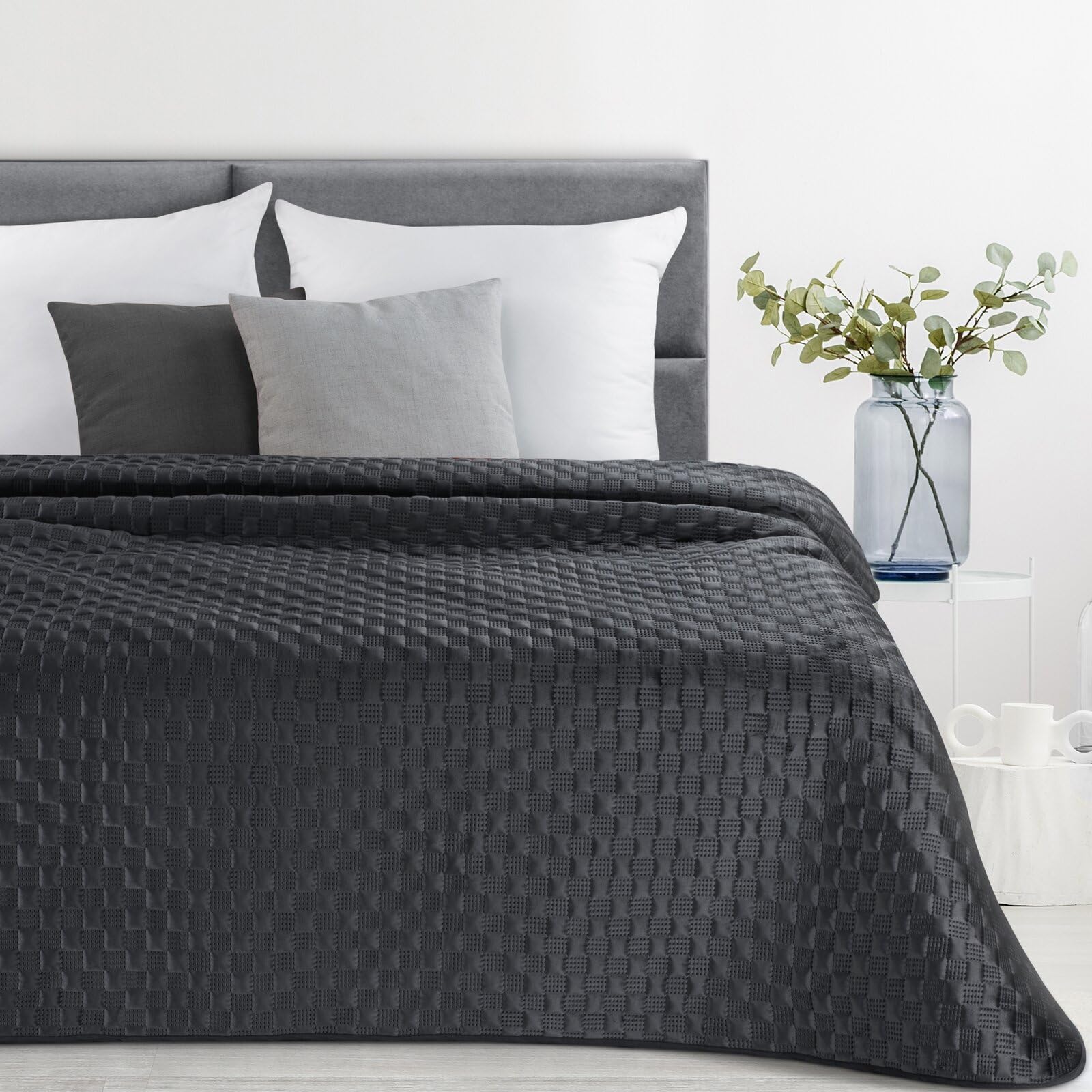 Karierte Bettdecke, Stillvolle Decke in Karomuster-Steppung, Velours Sofadecke, elegante Steppdecke, klassische Allzweckdecke, Samtdecke, Doppelbett, Sofadecke aus Samt (schwarz, 220 x 240 cm)