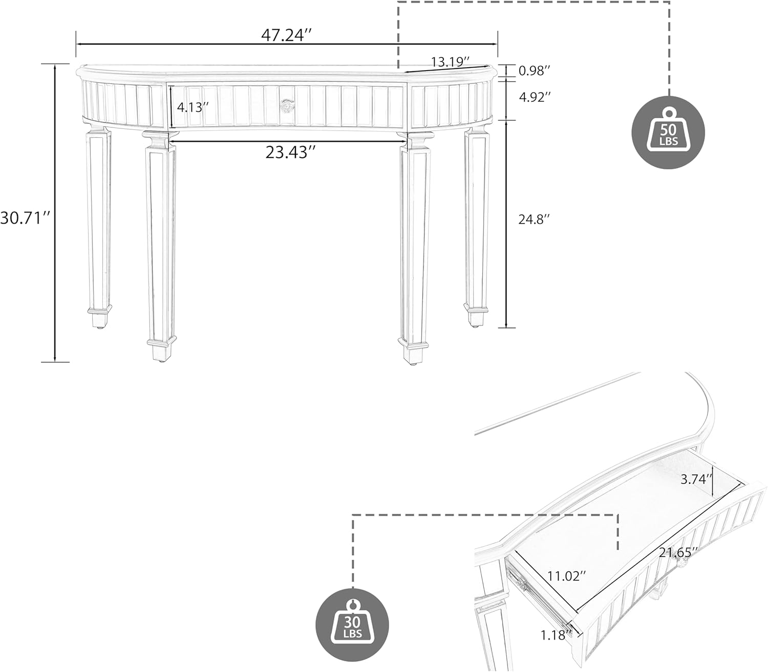 Mirror Console Table, Modern Half-Moon Entryway Table with Drawer, Modern Entryway Vanity Desk Mirrored Furniture for Foryer Corridor Living Room, Gold Sliver
