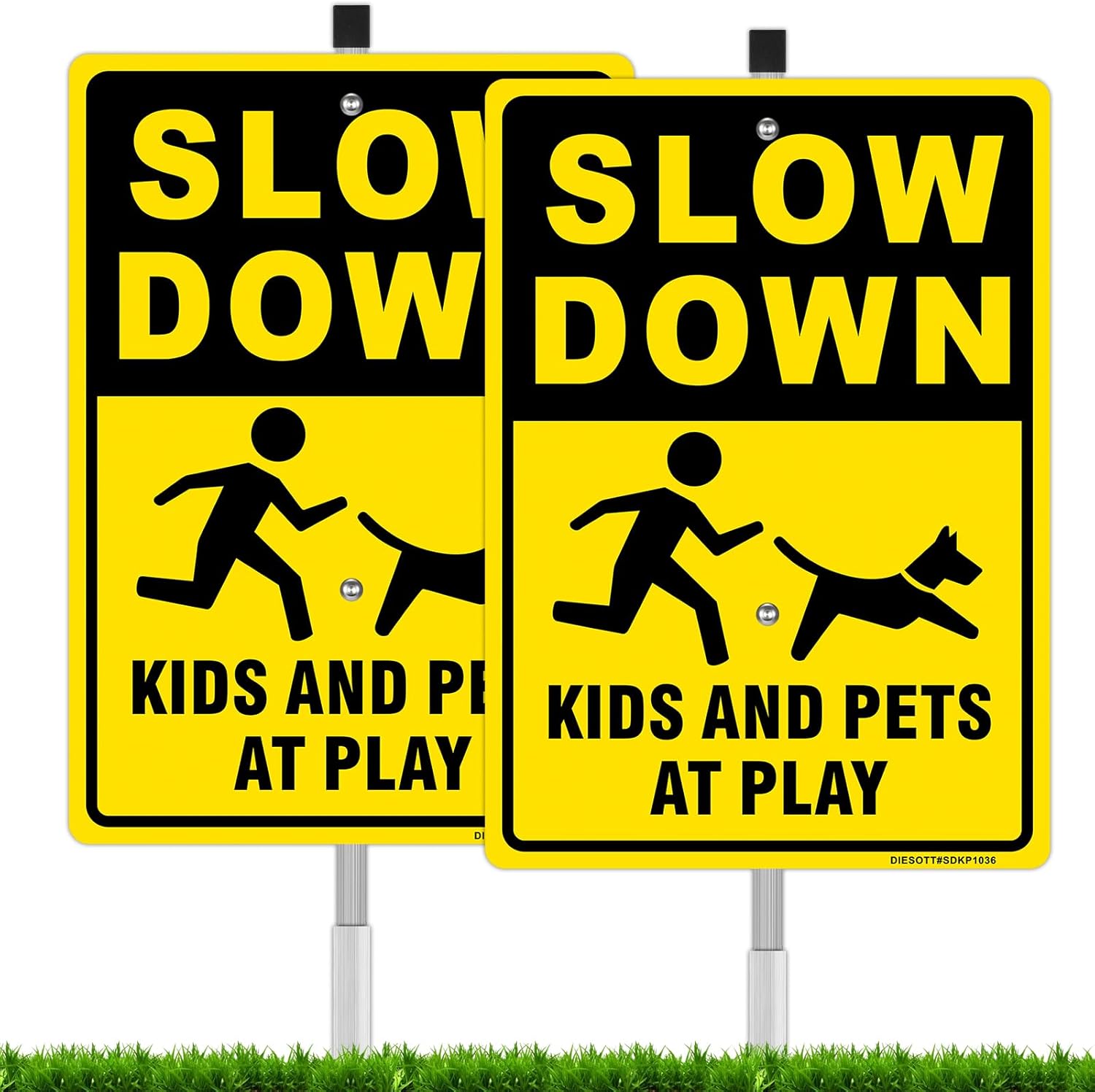 2 Pack Slow Down- Kids and Pets At Play Signs for Street, 10x36Inch All Aluminum Children Playing Safety Sign With Stakes, Slow Down Child At Play Signs for Neighborhoods Lawn, Reflective, Durable