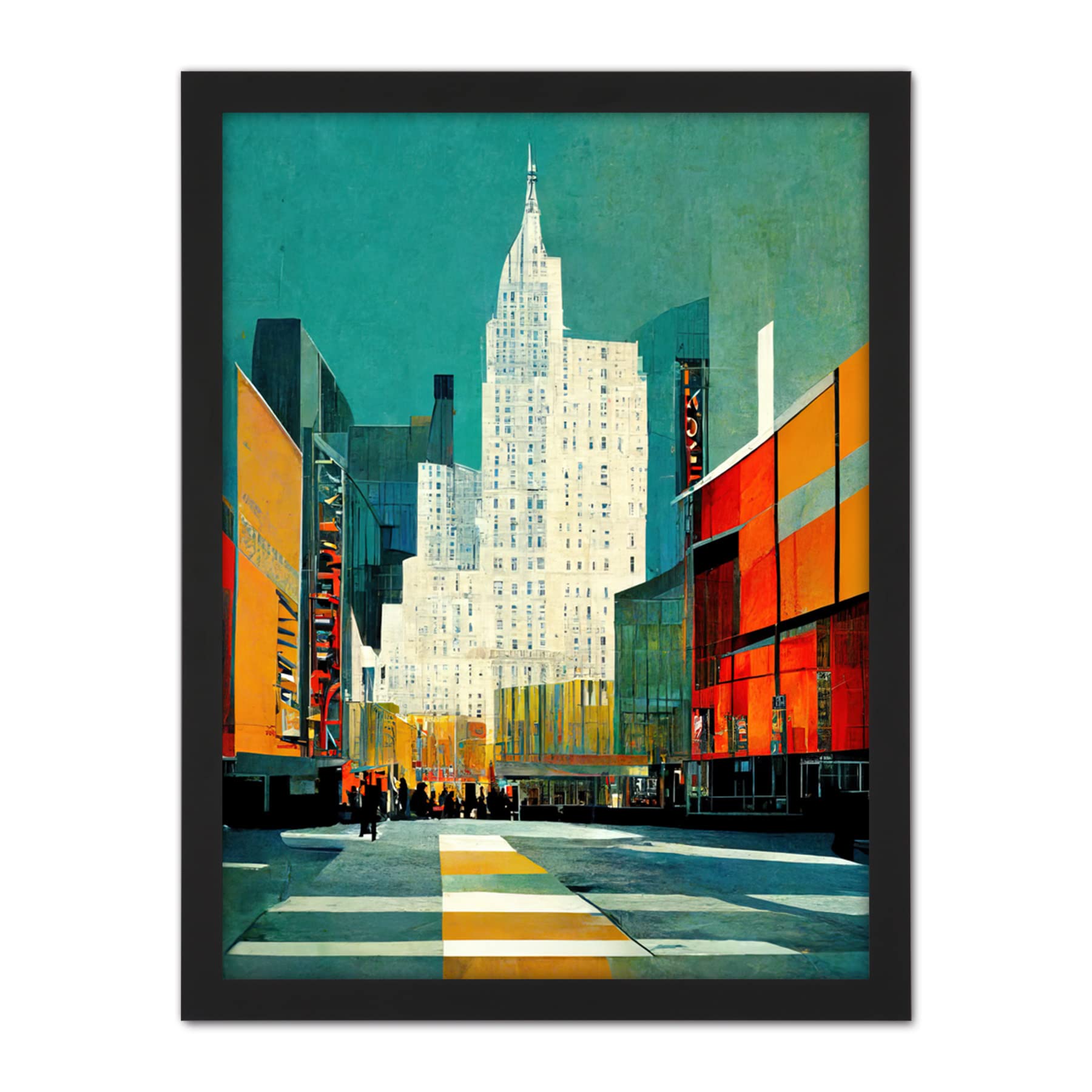 Wee Blue Coo Broadway New York Abstract Midcentury Cityscape Orange Teal Artwork Framed Wall Art Print 18X24 Inch