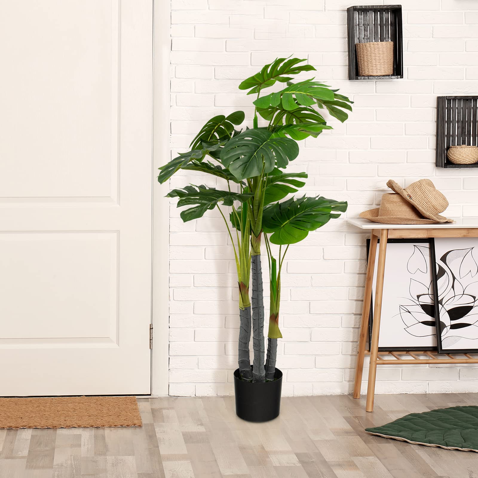 GOPLUS Sztuczne drzewko monstera o wysokości 120 cm, sztuczna roślina Monstera Deliciosa z 20 dużymi liśćmi, 3 pniami i realistycznym mchem, zawsze zielona sztuczna roślina z doniczką do wewnątrz i na zewnątrz