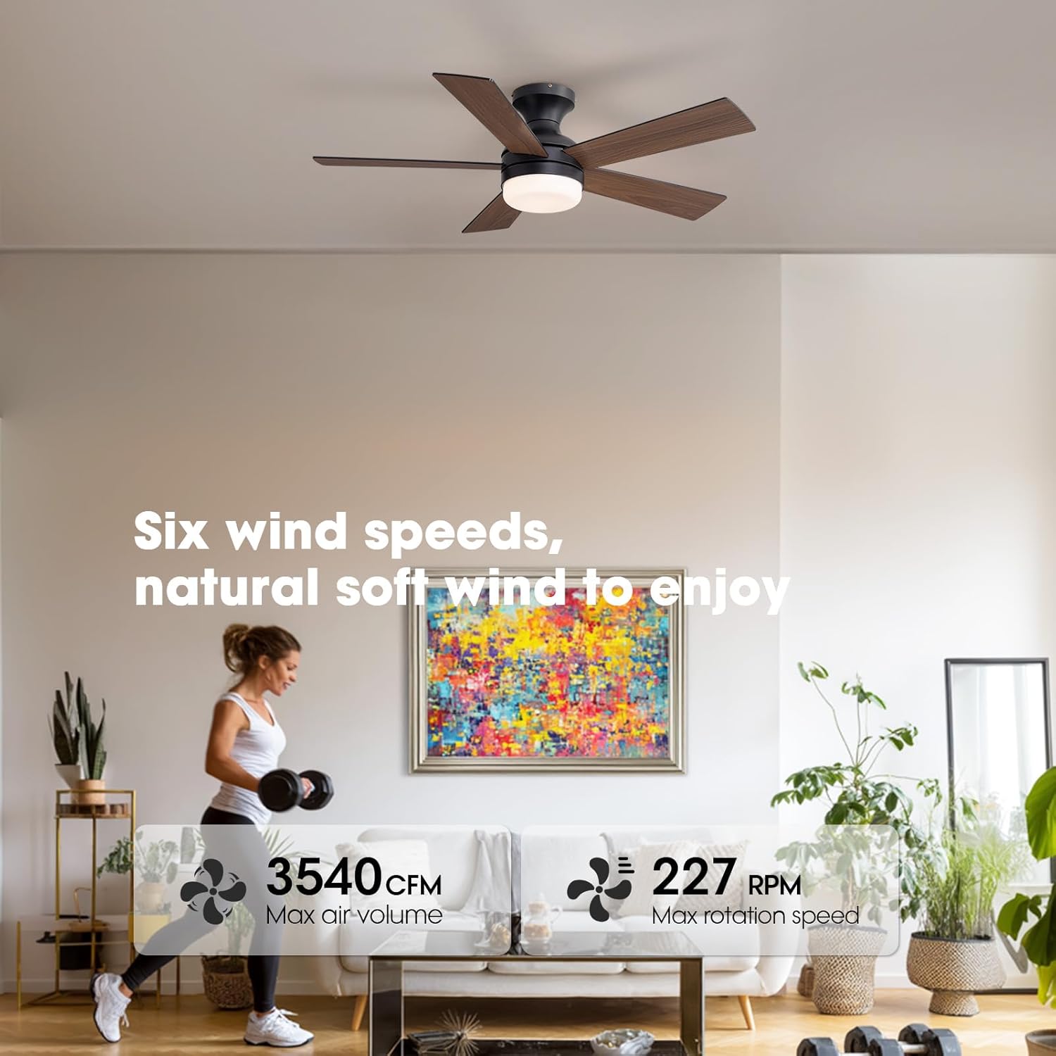 LUDOMIDE 42 Inch Flush Mount Ceiling Fan with Lights, Low Profile Ceiling Fans with Remote and APP Control, Dimmable, Noiseless, Reversible Fandelier for Bedroom Indoor Use