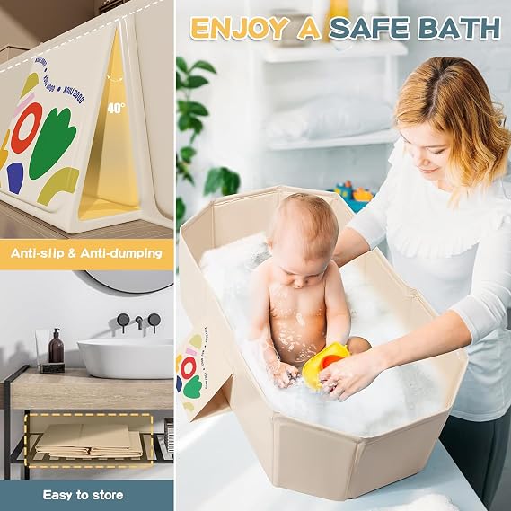 Foldable Baby Bath Tub with Drain Plug, 75 × 45 cm Portable Baby Bathtub Large Toddler Bath Tub Non-Slip Foldable Bathtub for Newborns Toddlers Ages 0-8