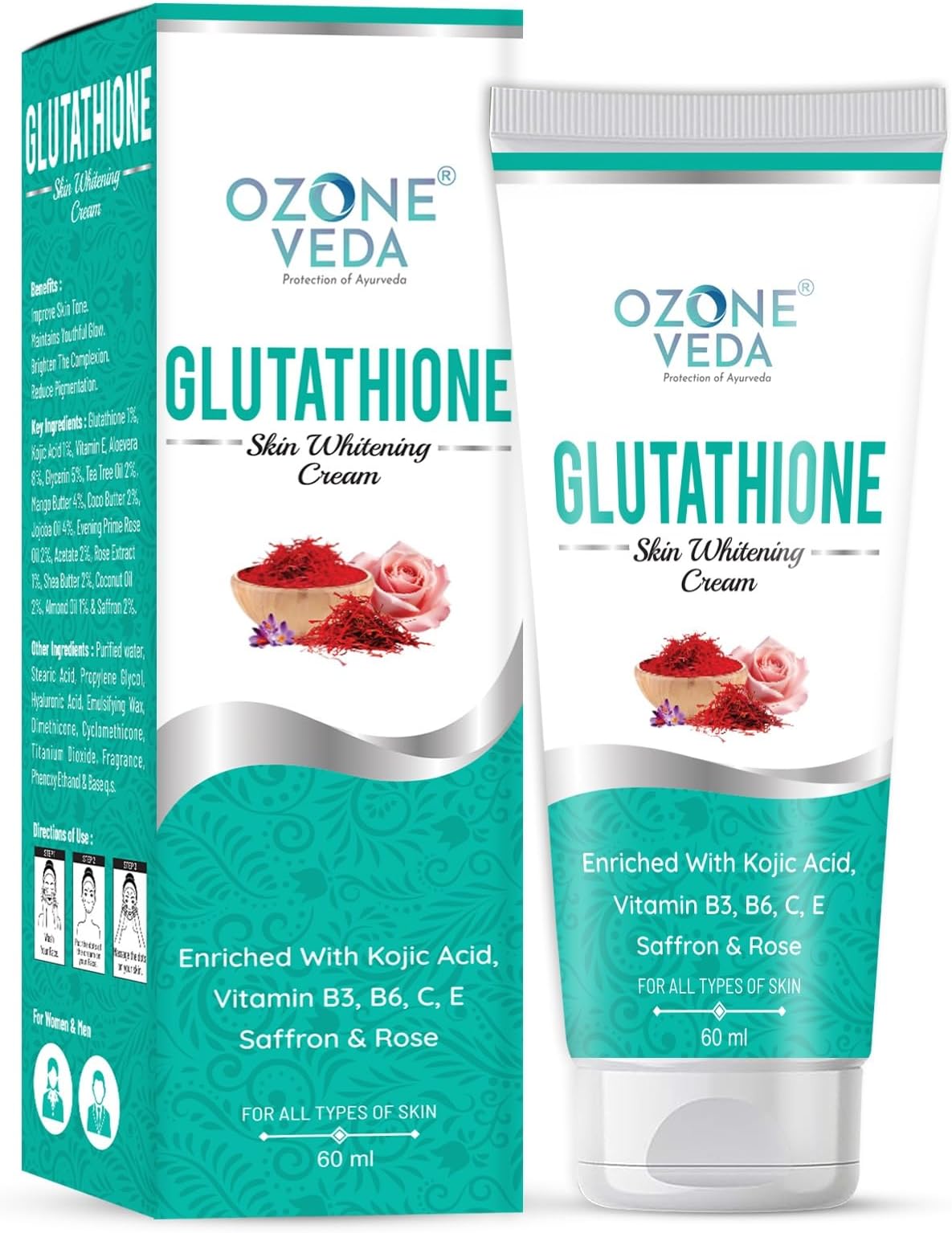 Glutathione Cream For Skin Whitening | With Kojic Acid & Vitamin C | For Clear Glowing Skin & Tan removal | For Women & Men | All Skin Types | 60 gm