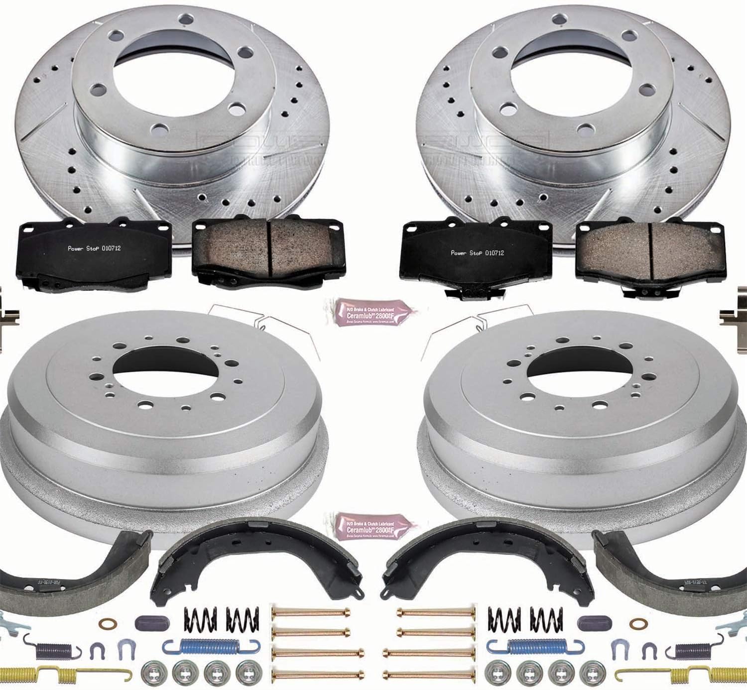 K15097DK Front and Rear Z23 Carbon Fiber Brake Pads with Drilled & Slotted Brake Drums Kit