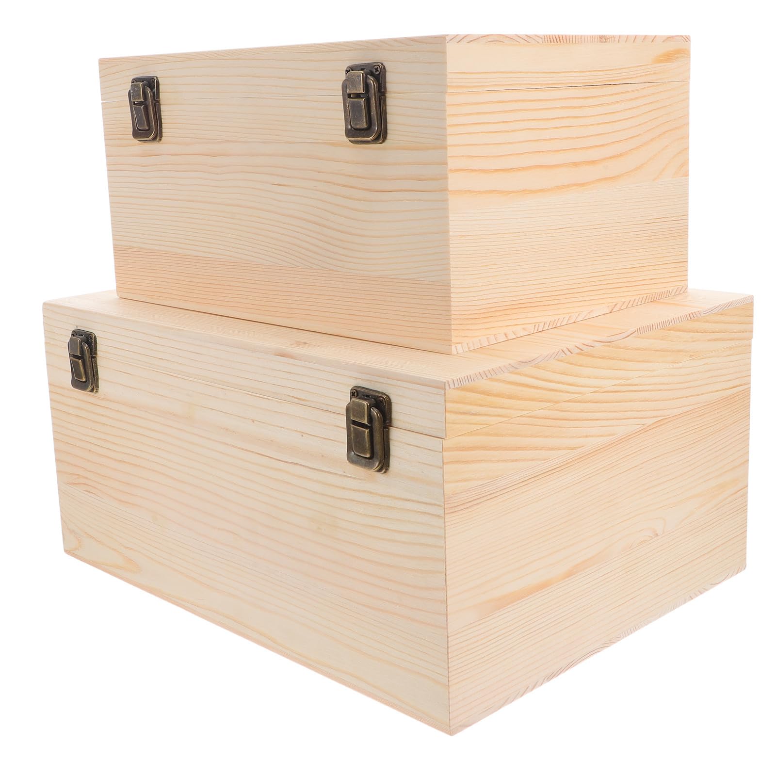 2 Piezas Caja de Madera Grande Caja de Madera para Manualidades de Pino, sin Pintar, con Tapa Abatible y 2 Cierres, para Organizar Objetos, Decoración de Oficina y Proyectos DIY