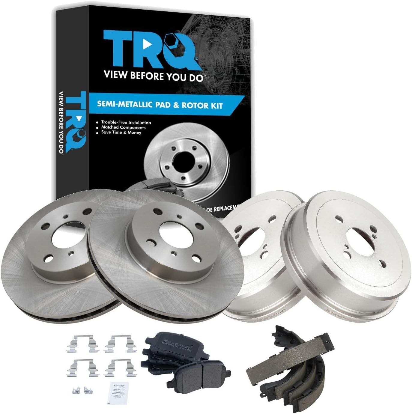 TRQ Front and Rear Brake Pad & Rotor, Shoe & Drum Kit Compatible with 98-02 Chevrolet Toyota