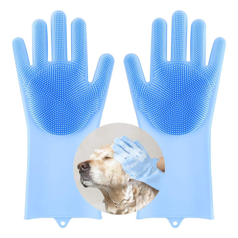 Pawaboo Pet Grooming Gloves, Multipurpose Silicone Heat Resistant Soft Brush Massage Magic Hair Removal Gloves, High Density Teeth Bathing Shampoo Shedding Cleaning Gloves for Pet Dogs Cats,Light Blue