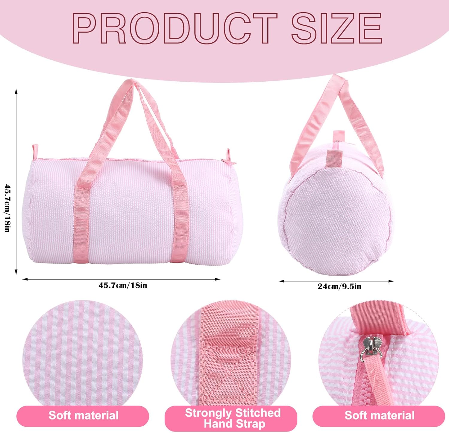 Kids Duffle Travel Bag, Pink Seersucker Gym Bag with Zipper Cute Overnight Weekender Carry on Bags Lightweight Portable Dance Bags Zipper Pouch Gifts for Toddler Boys Girls - Image 2