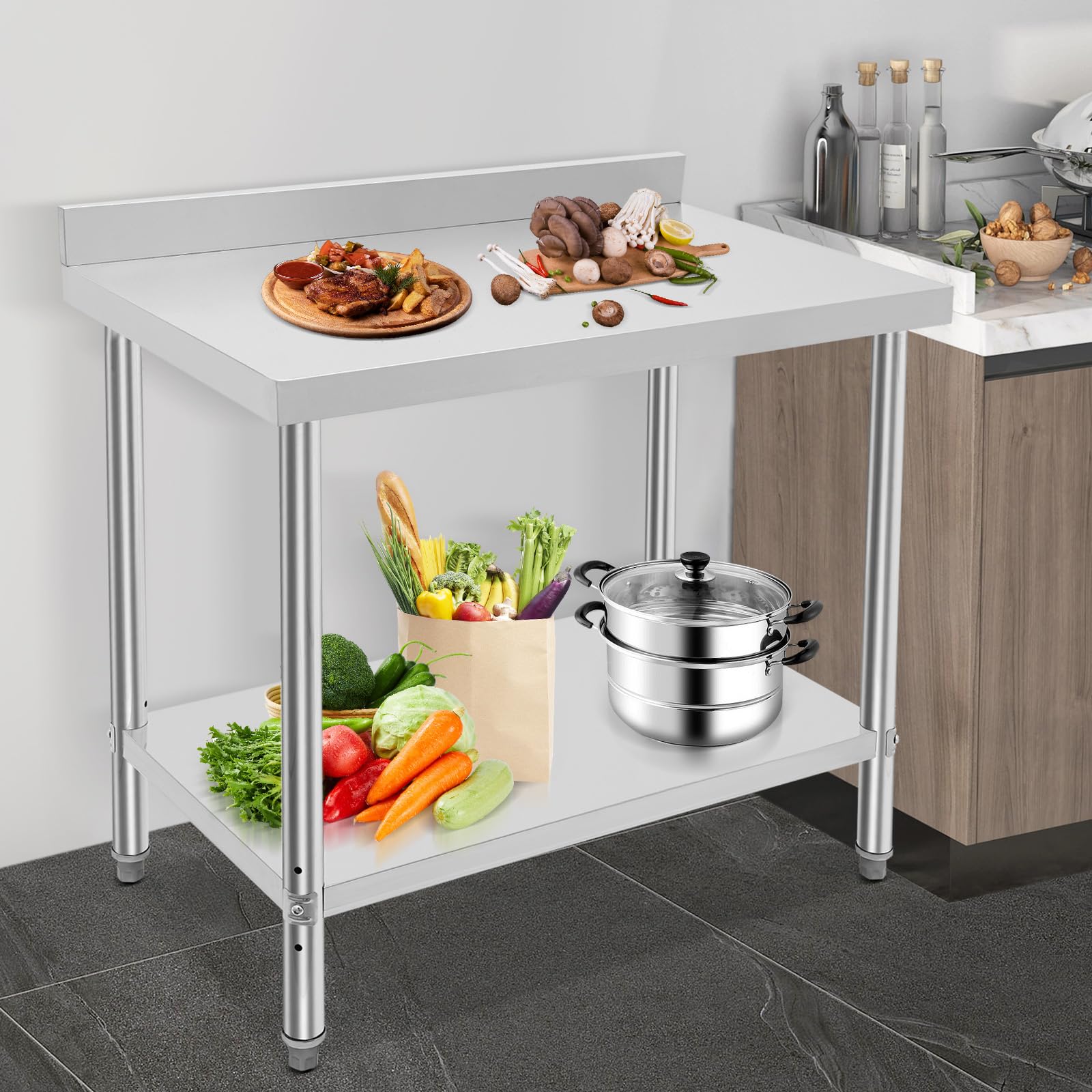 Tavolo da lavoro in acciaio inox a 2 ripiani, robusto con scomparto regolabile, portata 500 kg, per cucina, ristorante, bar e magazzino