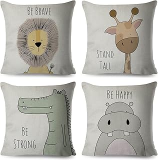 Cartoon Animal Pillow Covers Kids Pillowcase 18×18 Inch Set of 4 Throw Pillow Covers Set Cotton Throw Cushion Case for Sofa Couch Home Decor School Cushion Case(Hippo