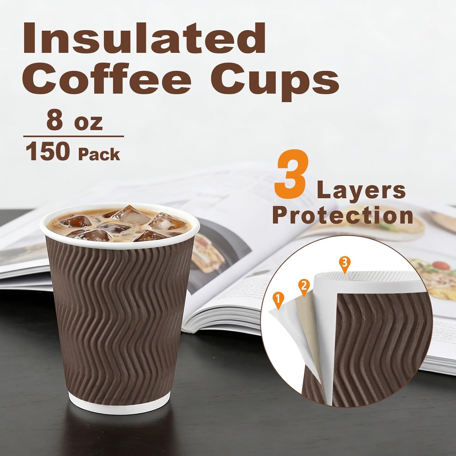 BYSNOW 150 Pack 8 oz Coffee Cups, Brown Disposable Paper Cups, Insulated Corrugated Ripple Wall Hot Beverage or Cold Drinks for Home, Party, Cafe