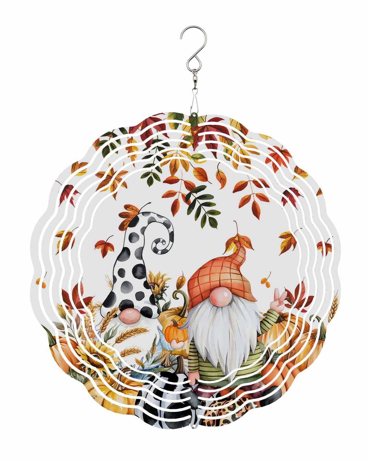 Fall Wind Spinners, Pumpkin Cute Gnome Sunflower Wheat Hanging Wind Spinners for Yard and Garden 3D Stainless Steel Metal Sculptures Crafts Ornaments 10 Inch