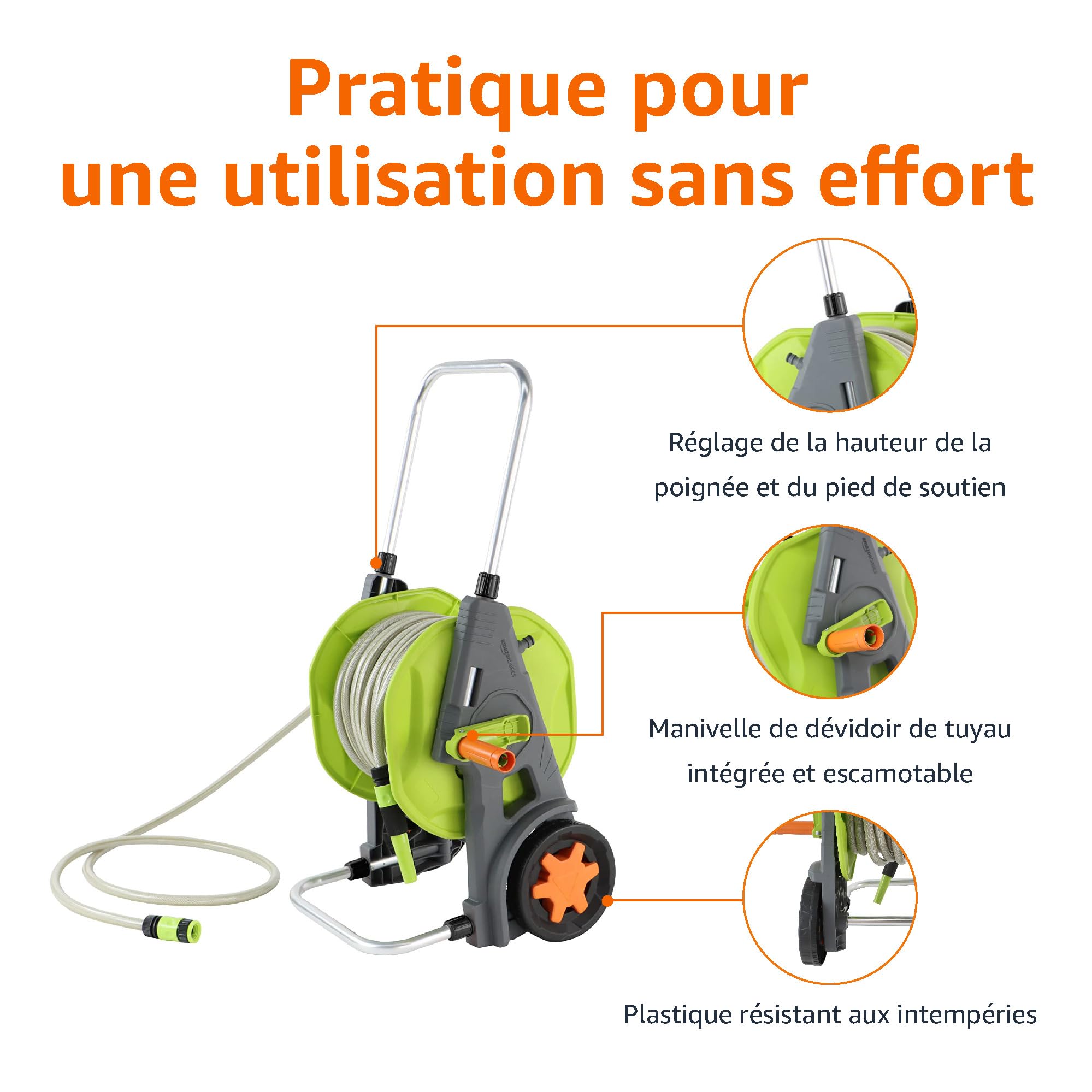 Amazon Basics Chariot dévidoir avec tuyau de 30 m, Vert/Gris
