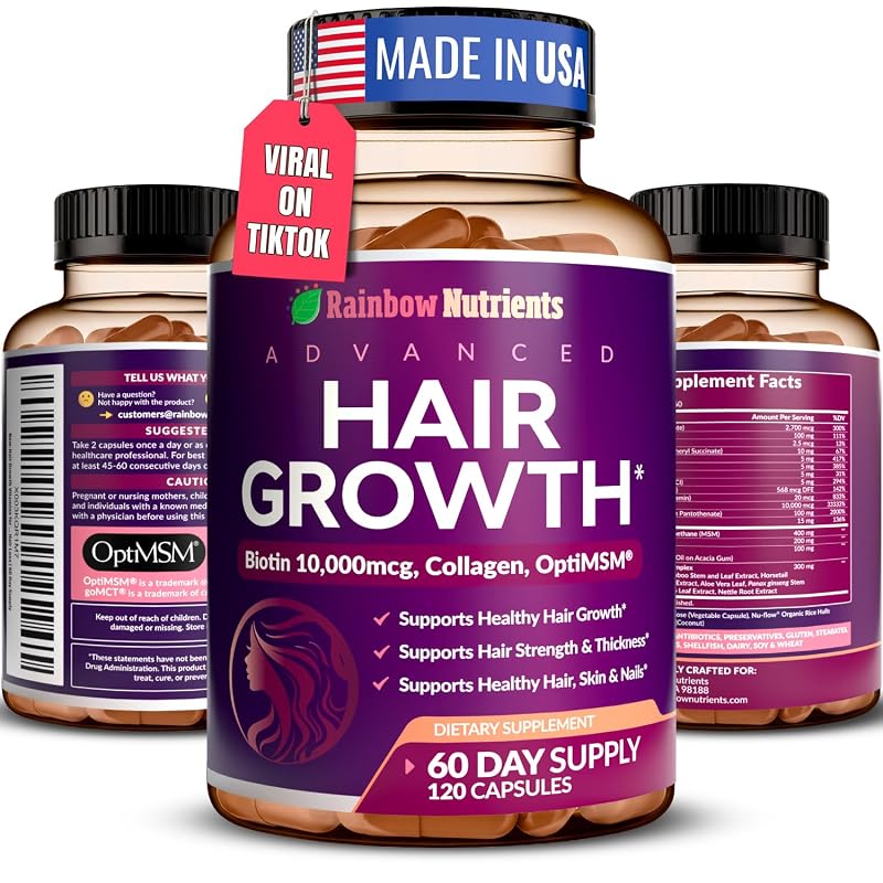 Rainbow Nutrients, LLC Suplemento para cabelos, pele e unhas com biotina 10.000 mcg, colágeno, OptiMSM®, goMCT® e saw palmetto, 120 cápsulas