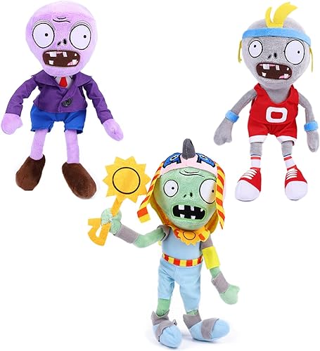 JHESAO Juego de 3 piezas de zombies de peluche deportivo de plantas y zombis, 2 muñecas de peluche suaves, peluches de PVZ morados