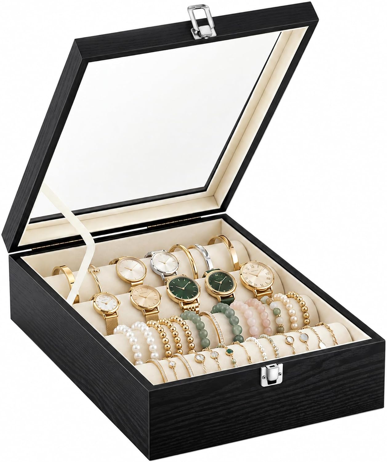 Nosiny Bracelet Display Holder Organizer with 4 Rods, Jewelry Storage Case Wooden Bracelet Box with Clear Lid for Women Retail Bangle Watches Jewelry Stores (Black)
