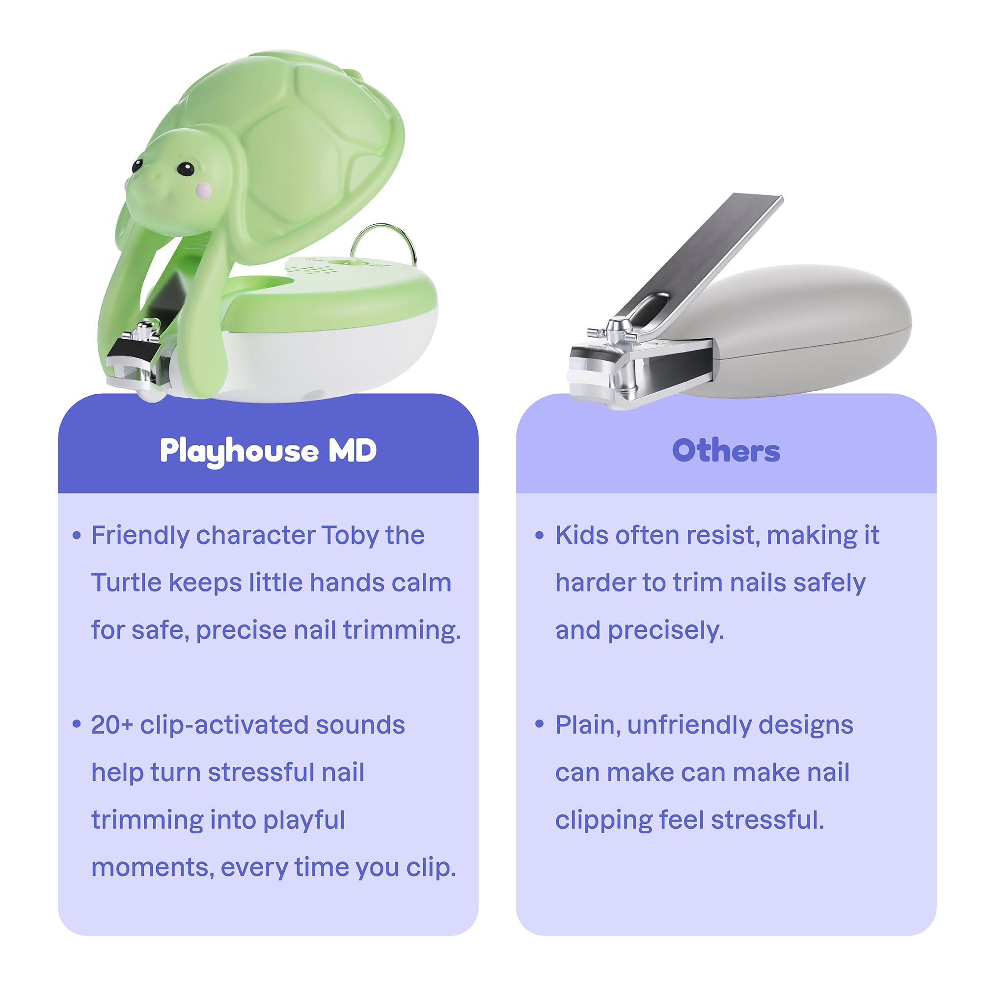 Playhouse MD Cortaúñas interactivo para recién nacidos, bebés y niños pequeños, recortador de uñas ergonómico con pestillo de seguridad, más de 20 sonidos opcionales, lima de uñas adicional, kit de