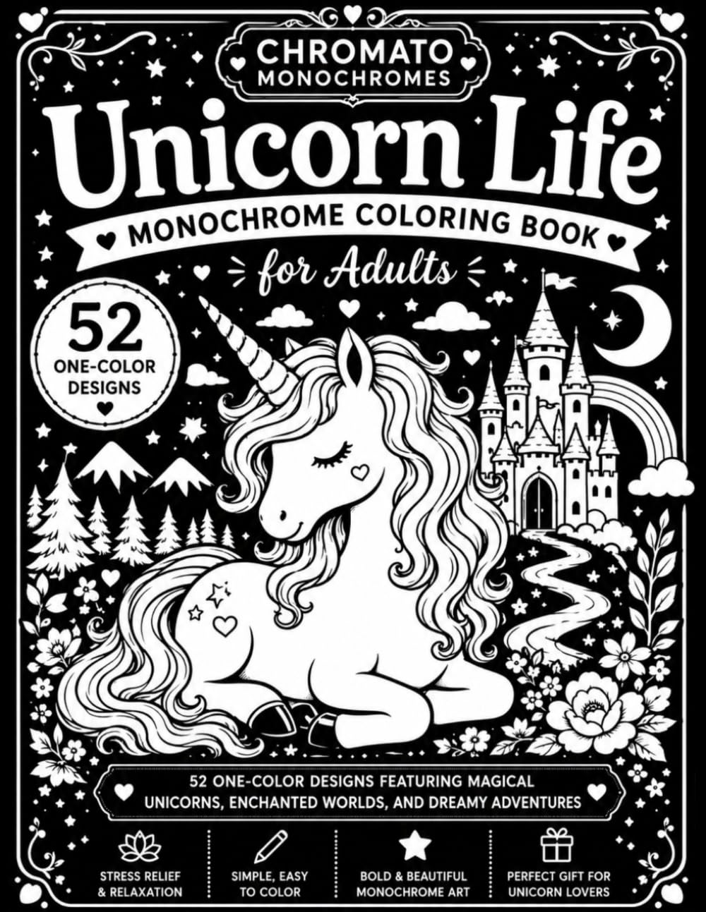Unicorn Life Monochrome Coloring Book for Adults: 52 Magical Scenes to Fill with Black: One-Color Fantasy Coloring Featuring Unicorns, Castles, ... Magical Friends and Whimsical Adventures