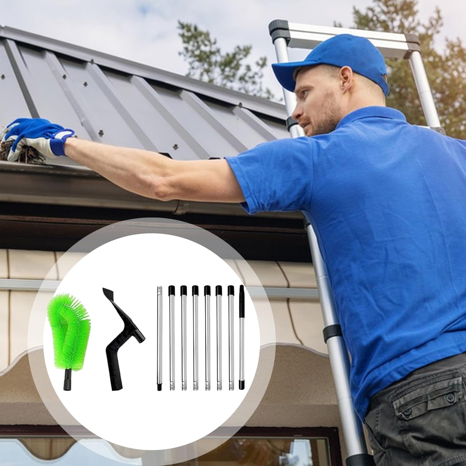 Gutter Cleaner, Handheld Telescopic Tool for Out of Reach Areas, Ground Level Debris Removal for Garden Home Maintenance, Branches, Leaves, Sand, Farmhouse Yards, 125.98 Inches