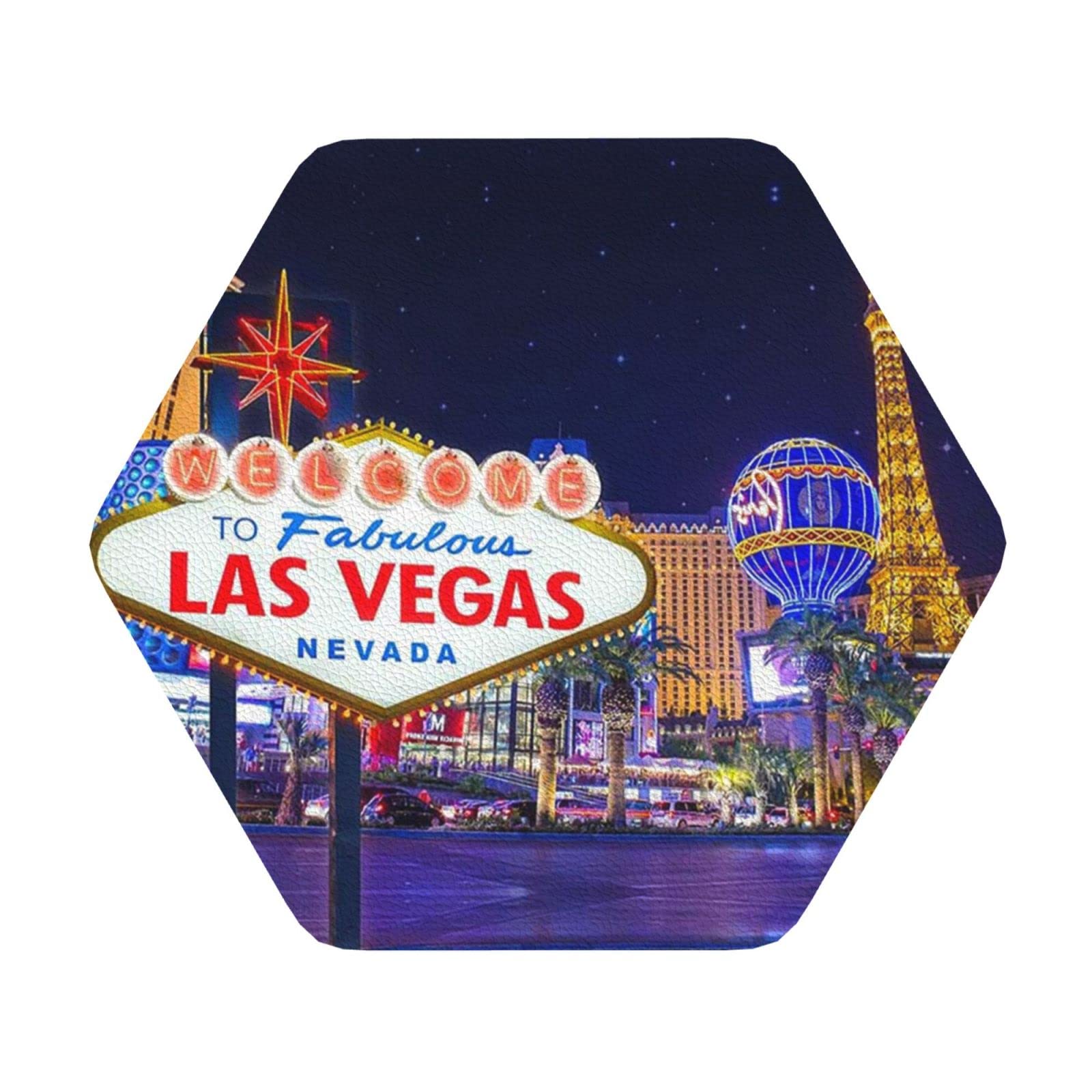 Set Of 4 Las Vegas Night City Print Leather Coasters Set,Cup Mat Pad For Home And Kitchen
