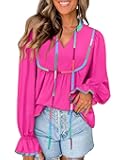 Women's Babydoll Tops Puff Long Sleeve V Neck Cute Peplum Flowy Blouses Fall Casual Loose Tie Front Shirts