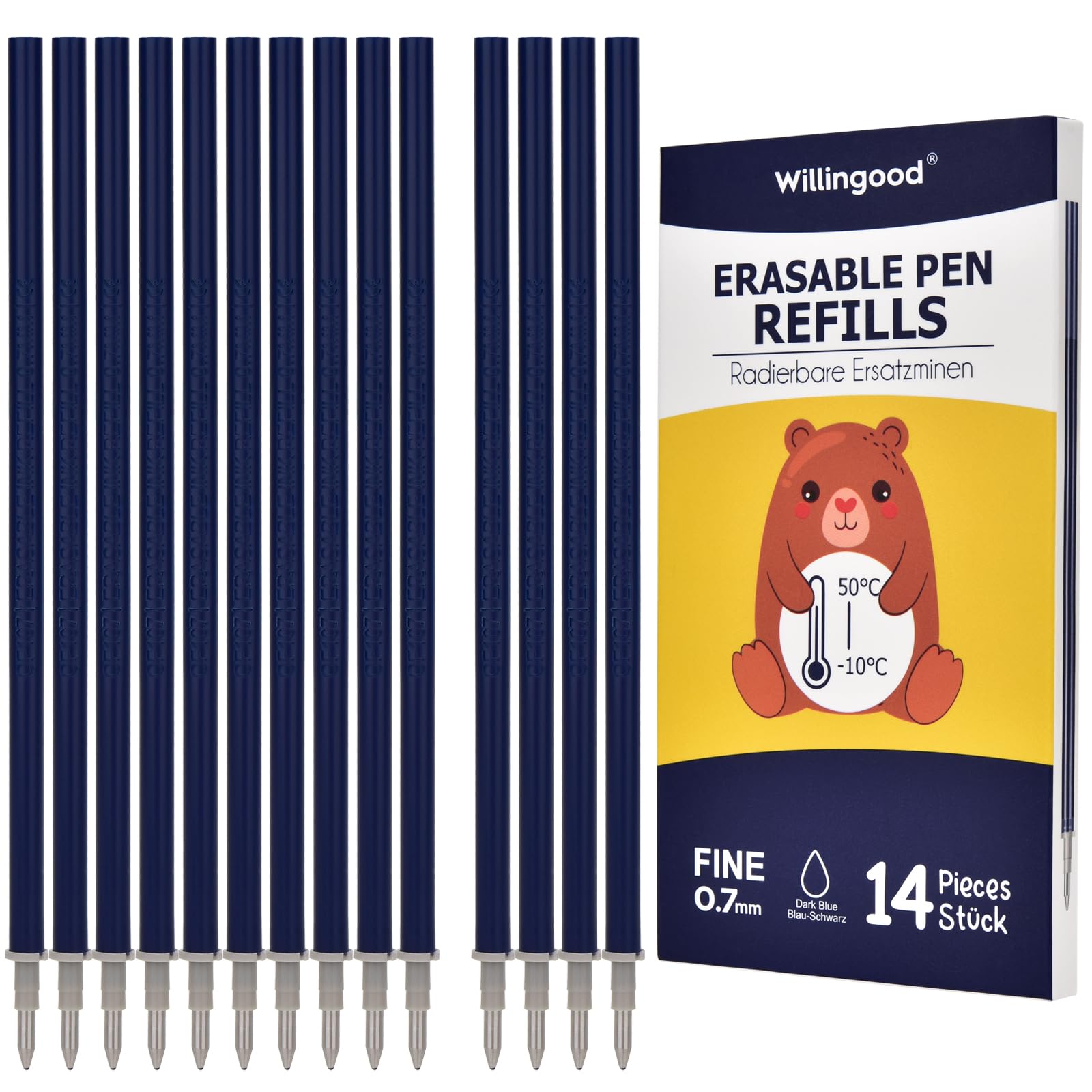 14 mine di ricambio cancellabili blu nero - compatibili con Legami - punta della penna 0,7 mm, facili da cancellare, per la scuola e la vita di tutti i giorni, altezza 13 cm