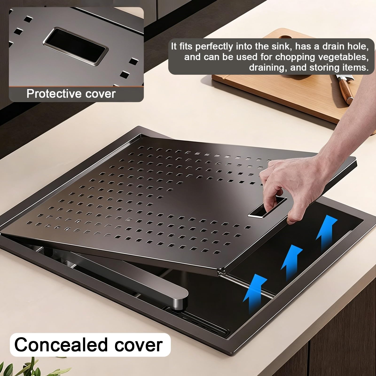 Fregadero Camper, Fregadero de Cocina y Grifo, Acero Inoxidable 304, Cubierta Oculta, para Caravanas, Autocaravanas, Embarcaciones y Bares(32x43cm/12.6x17in)