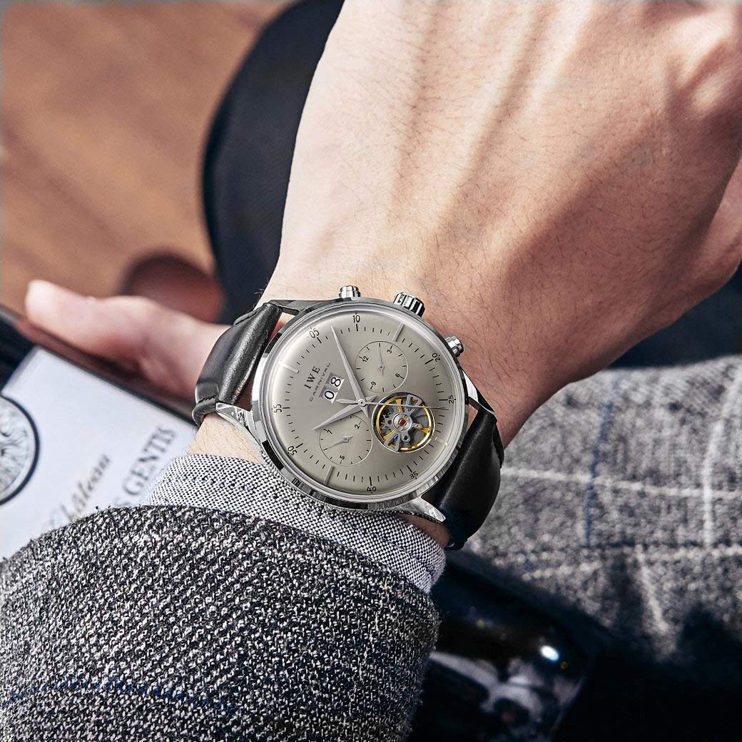 MASTOP Schweiz Herren Komplikationen Automatische Mechanische Uhr mit Lederband Business Edelstahl Kleid Armbanduhr Klassisch Kalender Datum Fenster 3ATM Wasserdicht
