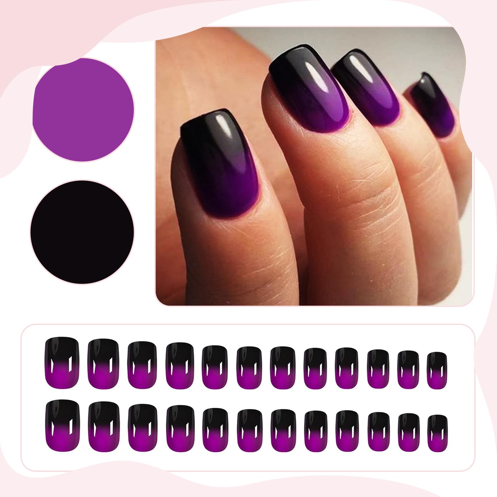 24 pezzi viola Press on Nail Breve Quadrato French False Unghie Finte Design Lucido Viola Nero Stick sulle unghie per donne e ragazze