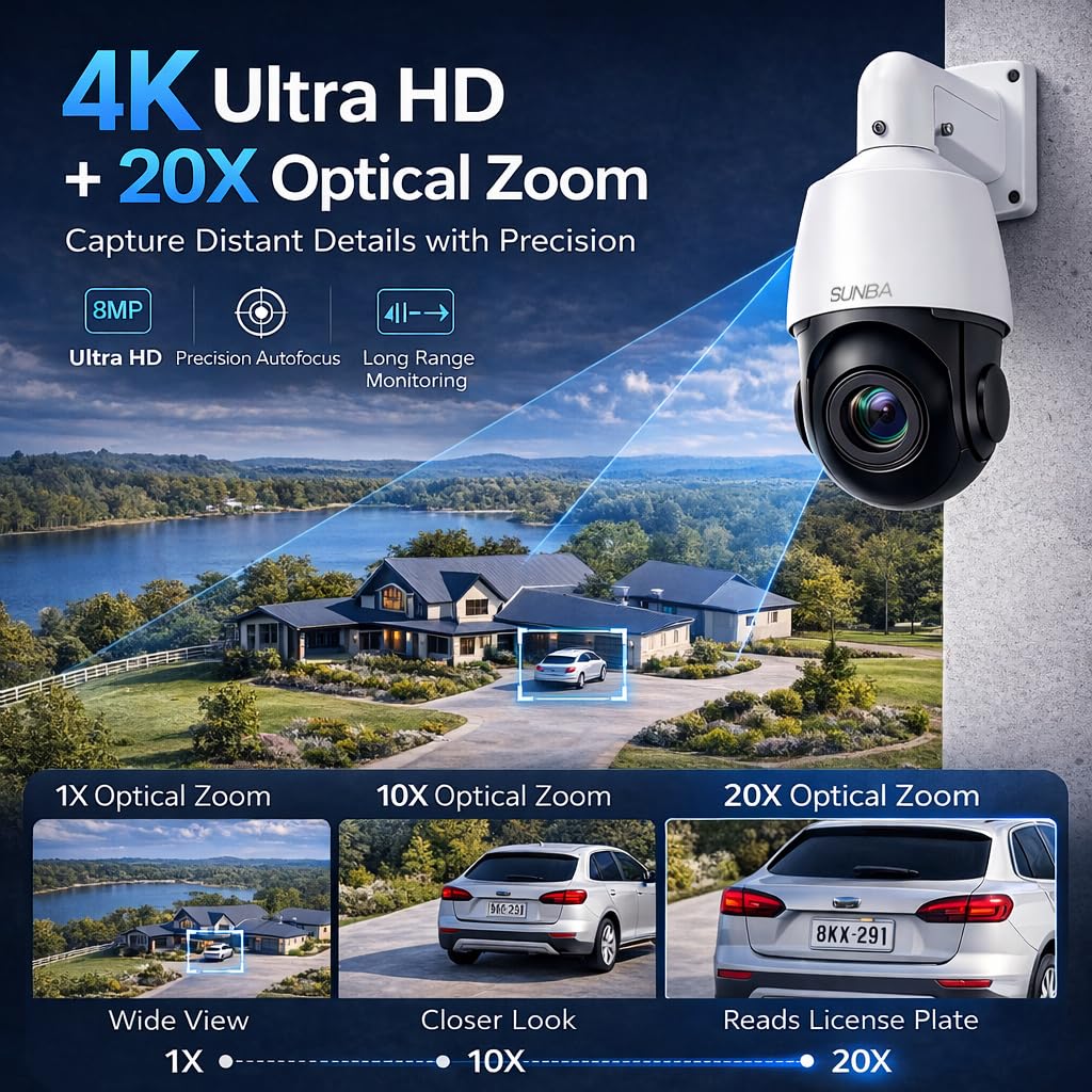 SUNBA Telecamera PTZ 4K da Esterno, Zoom Ottico 20X, PoE IP, AI Human Tracking, Auto Tracking, Audio Bidirezionale, Pan 360° Tilt 90°, Alimentazione PoE/DC, Visione Notturna, 0NVIF