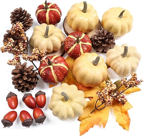Miniatura 9 de 23 calabazas falsas para decoración de Acción de Gracias, calabazas de plástico con bellotas, hojas de arce, piñas, bayas, mini calabaza artificial,