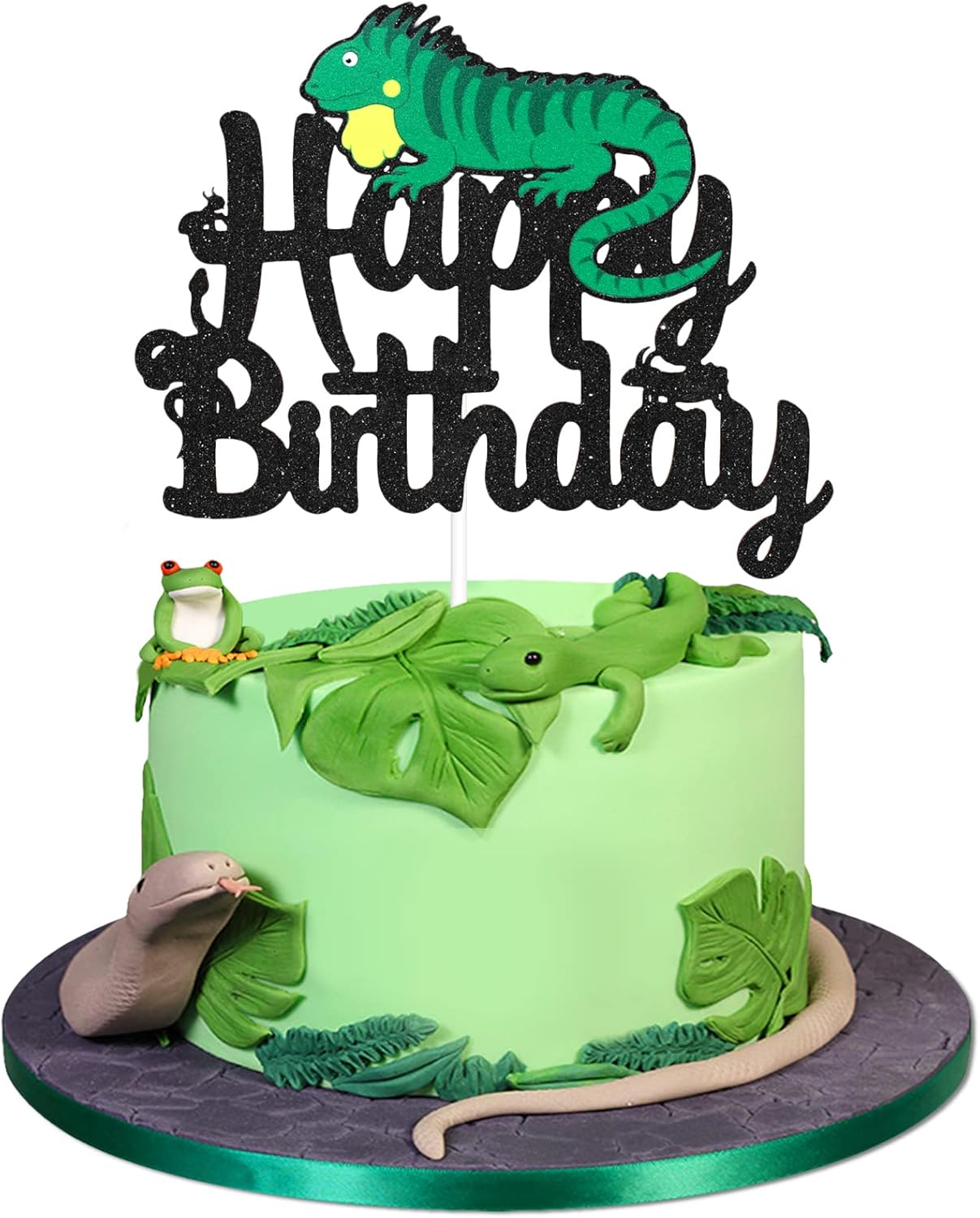 Lizard Happy Birthday Cake Topper Reptile Animal Glitter Black Lizard Birthday