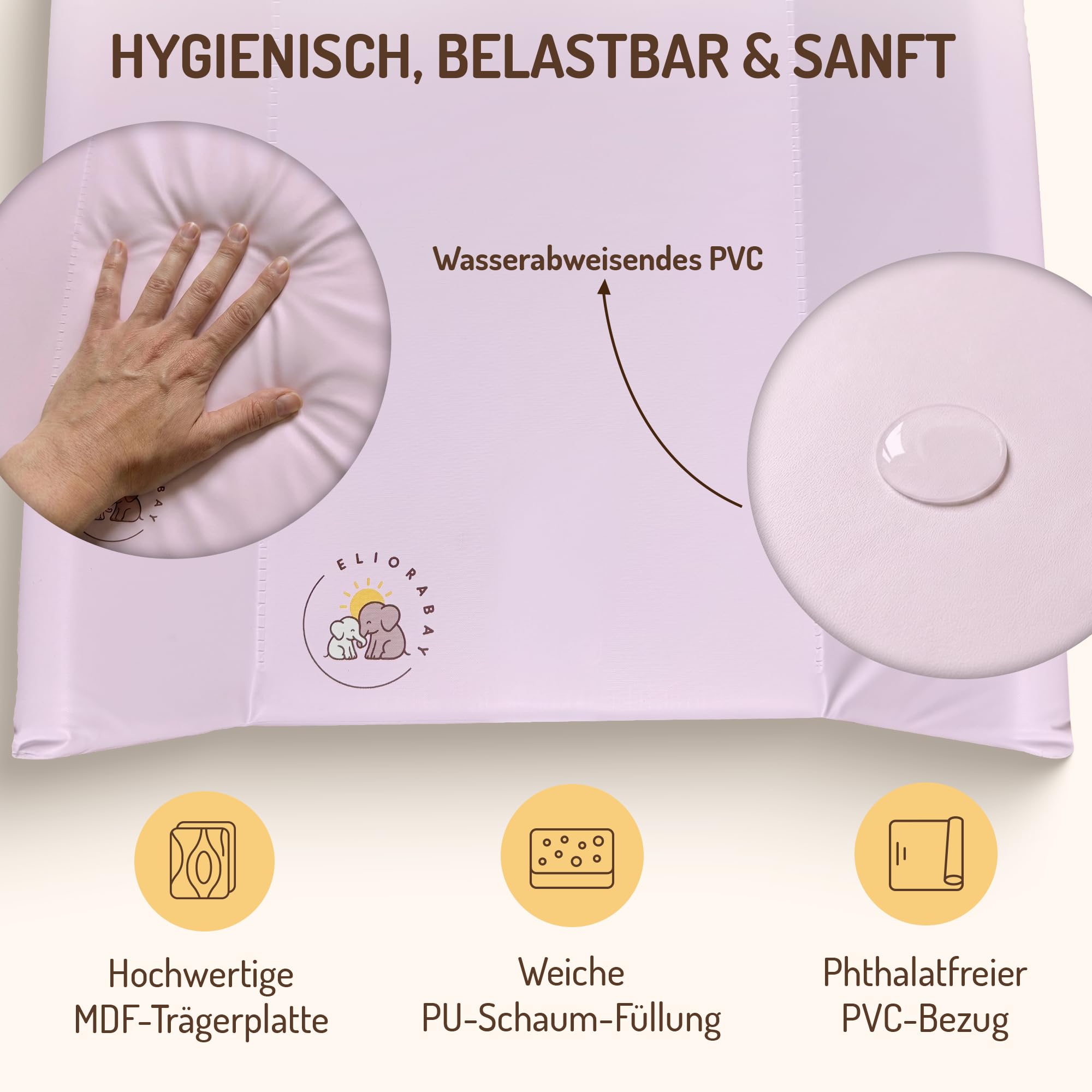 Wickelauflage Wickelplatte Wickeltisch Wickelbrett Wickelkommode 80×50×10 cm – robust, weich gepolstert & pflegeleicht – für Babybett, Kommode & unterwegs (rosa)