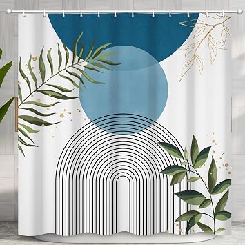 Boho Mid Century Shower Curtain, Light Blue Modern Minimalist Abstract Geometric Gold Plant Leaves Sun Arch Bathroom Curtains Waterproof Fabric Buthtub Curtain Set with Hooks 72" Wx72 L