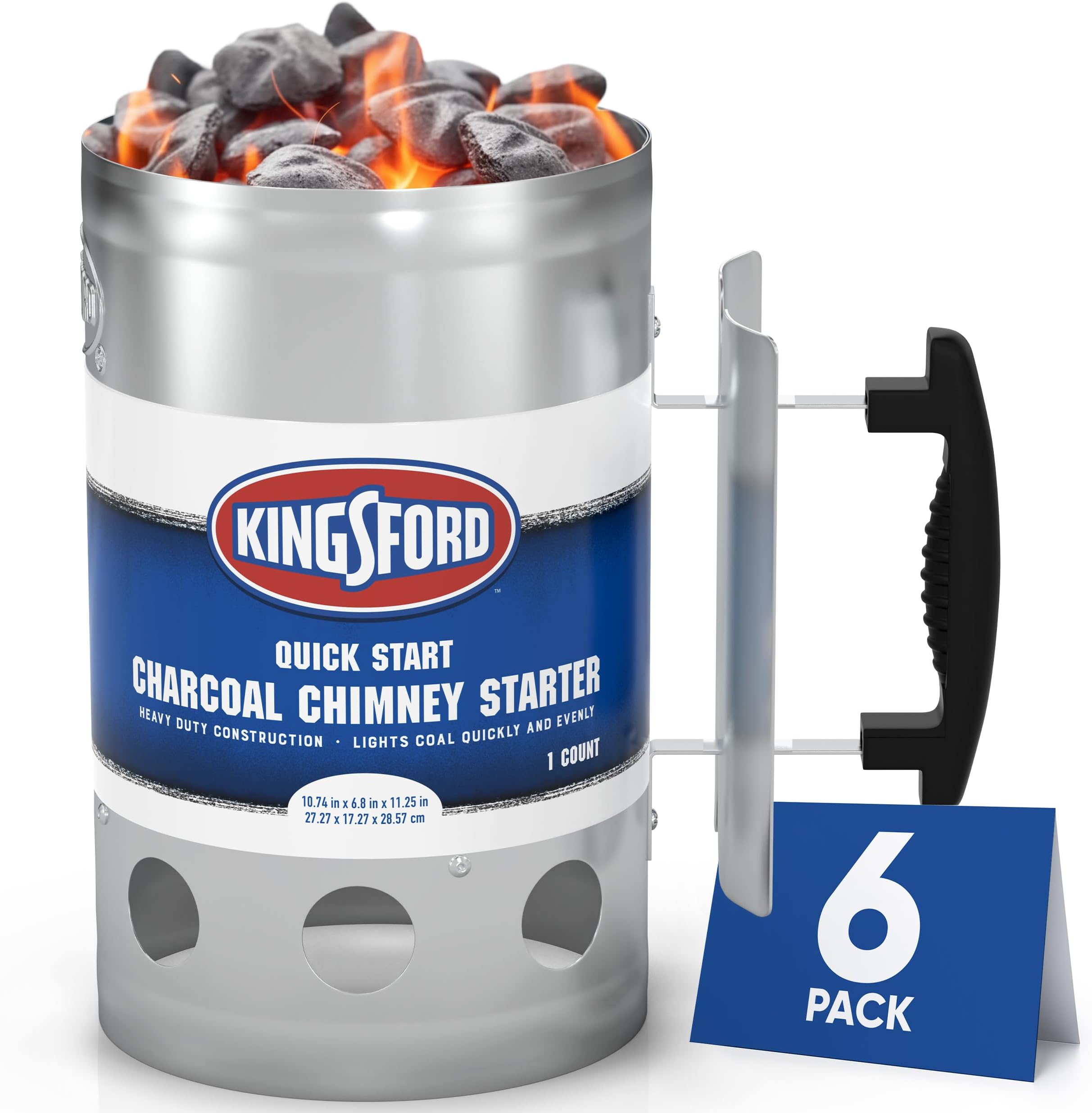 Heavy Duty Deluxe Charcoal Chimney Starter, Large Capacity Zinc Steel BBQ Fire Starter with Heat Shield and Stay-Cool Handle, Vented Base Air Vents for Fast Even Lighting - 6 Pack