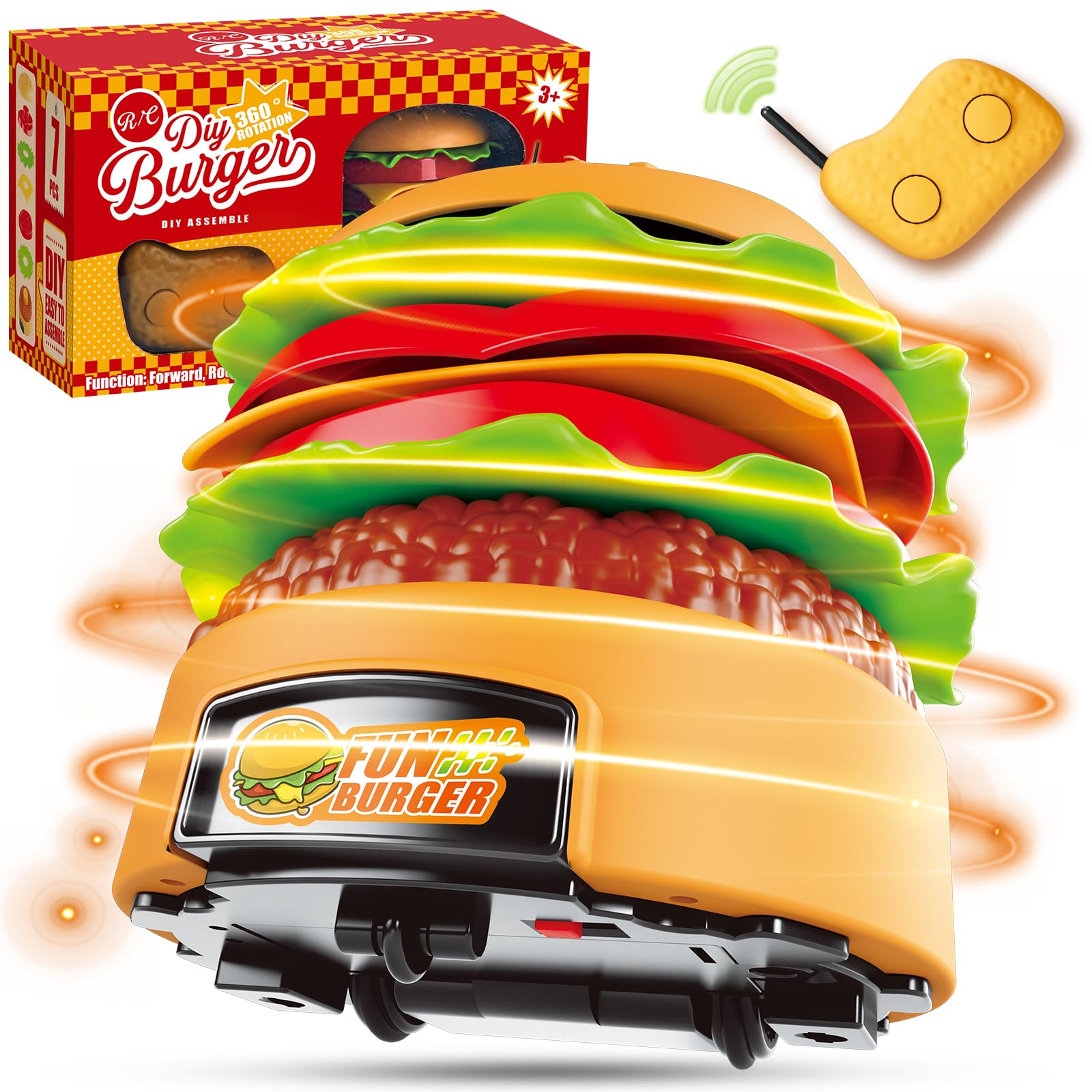 Hamburger Remote Control Car,360°Rotating Hamburger RC Car and DIY Assembling Kitchen Soft Squeeze Toys -Indoor/Outdoor Replaceable Battery Toy Car for Boys Girls Birthday Xmas Gift