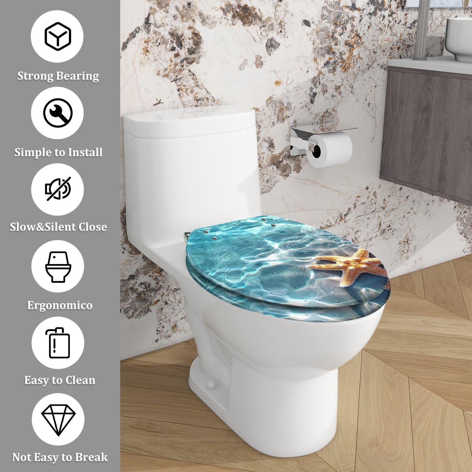 Elongated Resin Toilet Seat Starfish Seashell Summer Beach Quiet Close