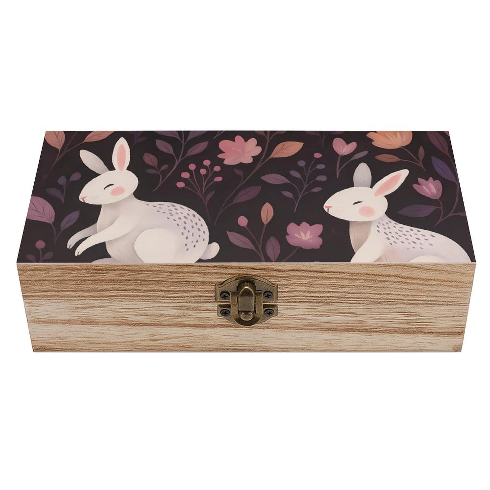 HLBSDM Cute White Bunny & Vintage Flowers Retro Wooden Storage Box Jewelry Art Gift Boxs Decorative Keepsake Boxes