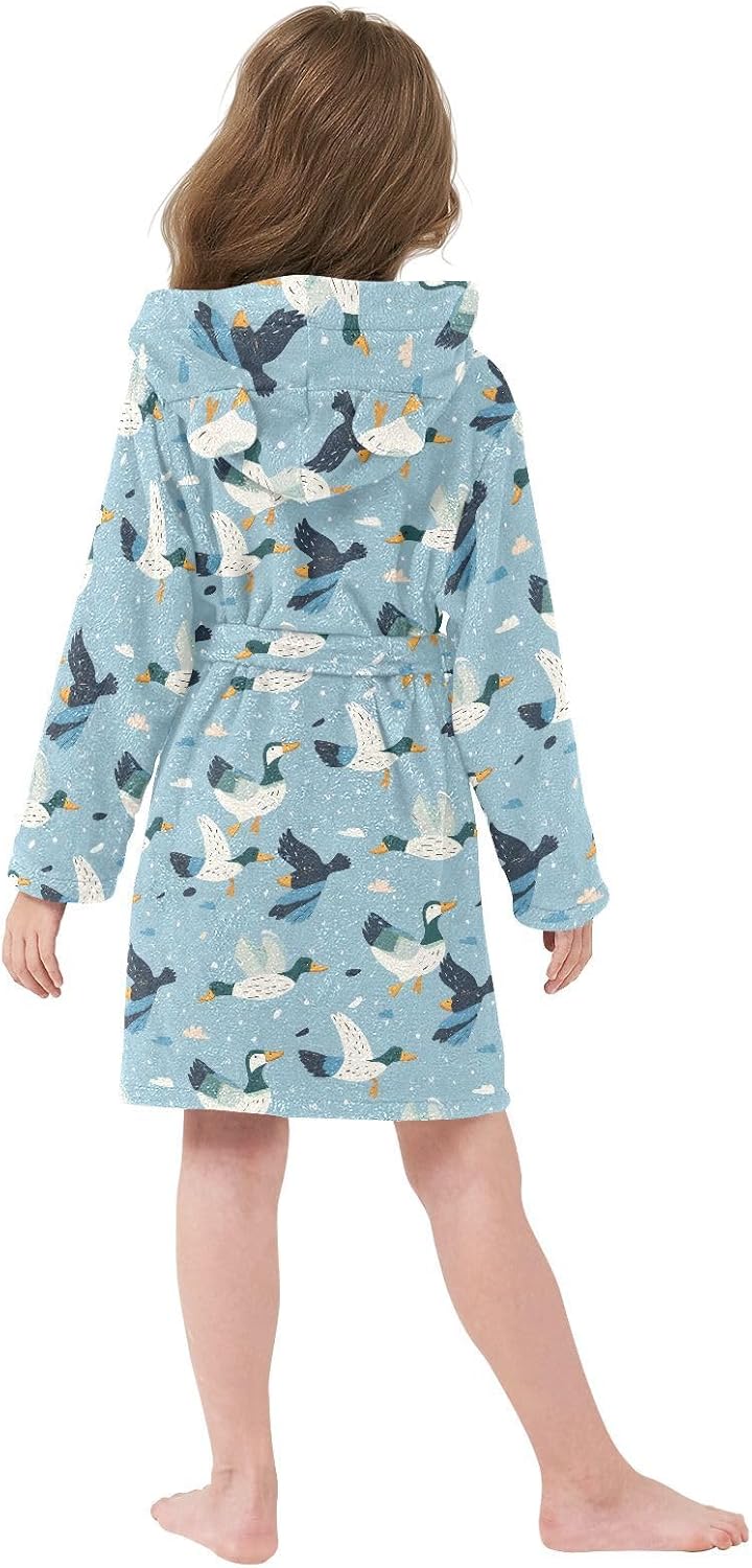 senya Flying Ducks Toddler Hooded Bathrobe Kids Soft Plush Bath Towel Robes for Boys Girls 2-12 Years