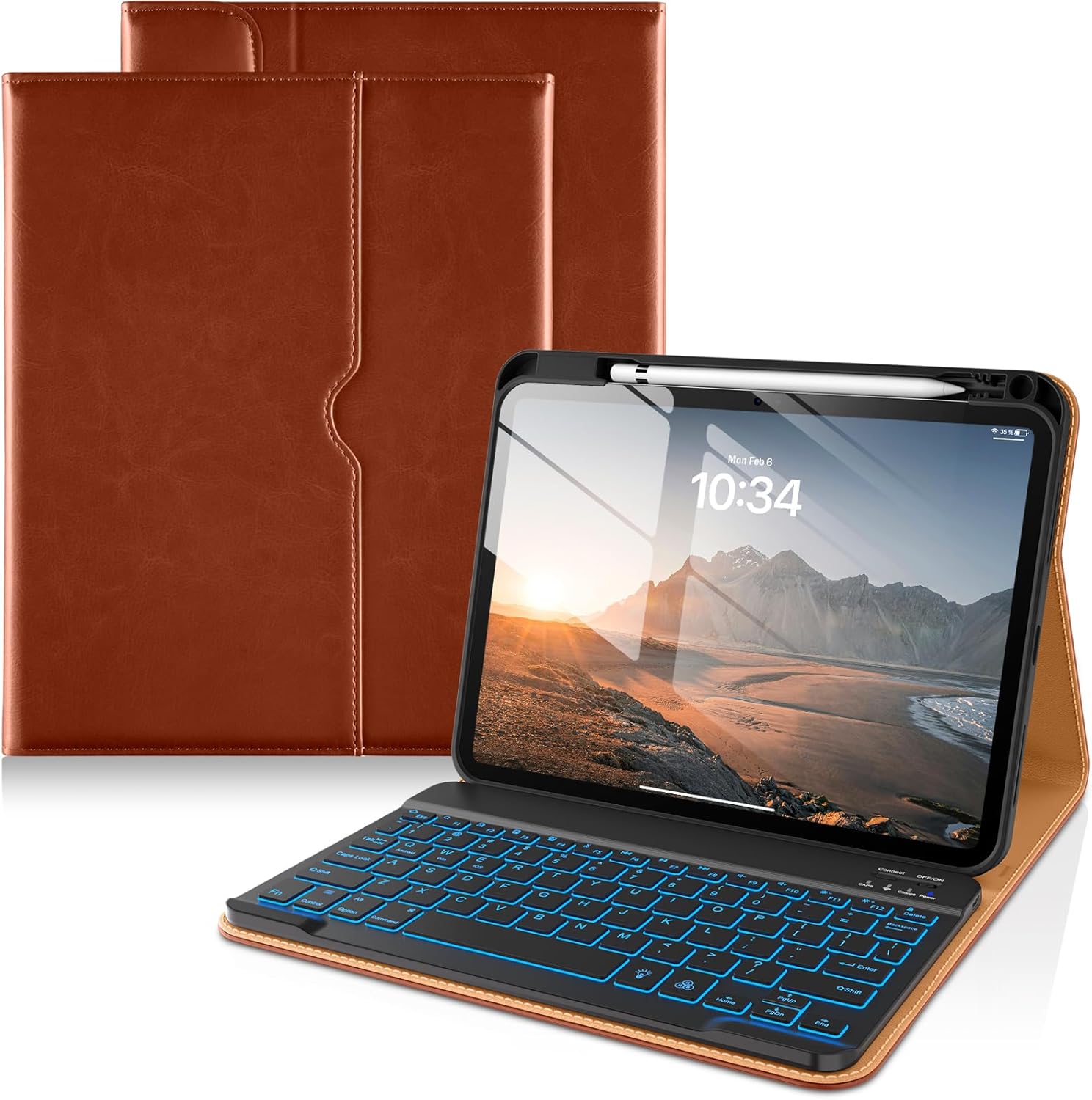 DTTO for iPad 11th (A16,2025)/ 10th Generation (10.9″,2022) Case with Keyboard, 7 Colors Backlit Wireless Detachable Keyboard Premium Leather Folio Cover with Pencil Holder & Pocket, Brown
