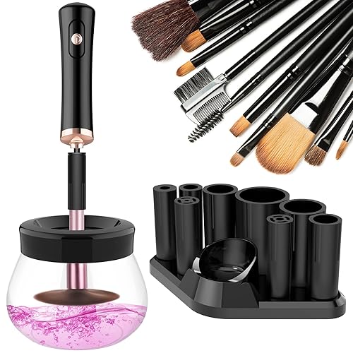 Fesmey Máquina limpiadora automática de brochas de maquillaje, limpiador eléctrico súper rápido, secador giratorio con 8 collares de tamaño,