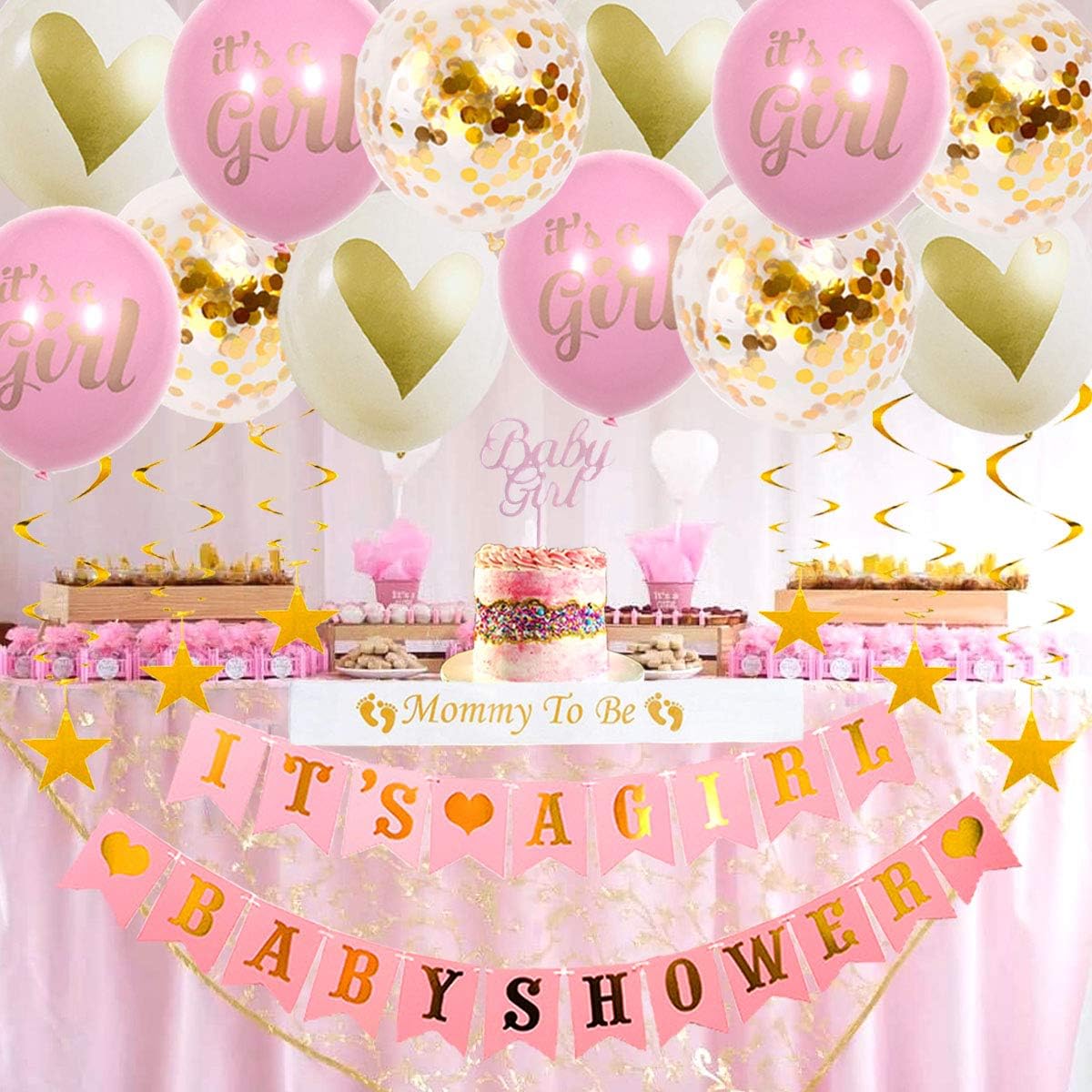 Baby Shower Decorations for Girl-Pink and Gold Baby Girl Party Supplies-It's A Girl Banner-Oh Girl Balloons-Gold Stars Swirls-Mommy To Be Sash