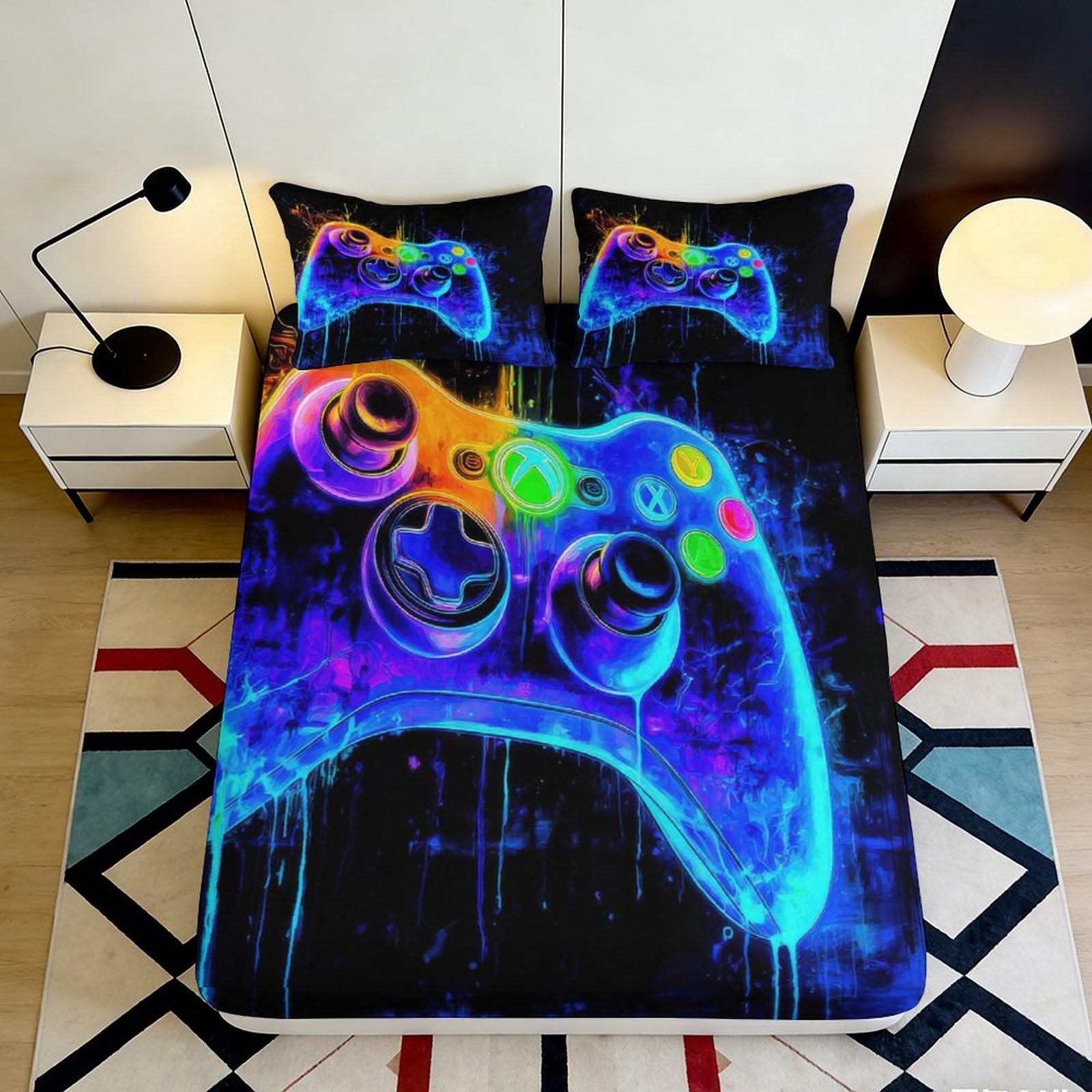 Pnayamiorkfel Style-7 3D Printed Neon Gamepad Fitted Sheet Microfiber Soft Breathable Splash Art Bed Cover For Bedroom Dorm Decor 90X200x25cm