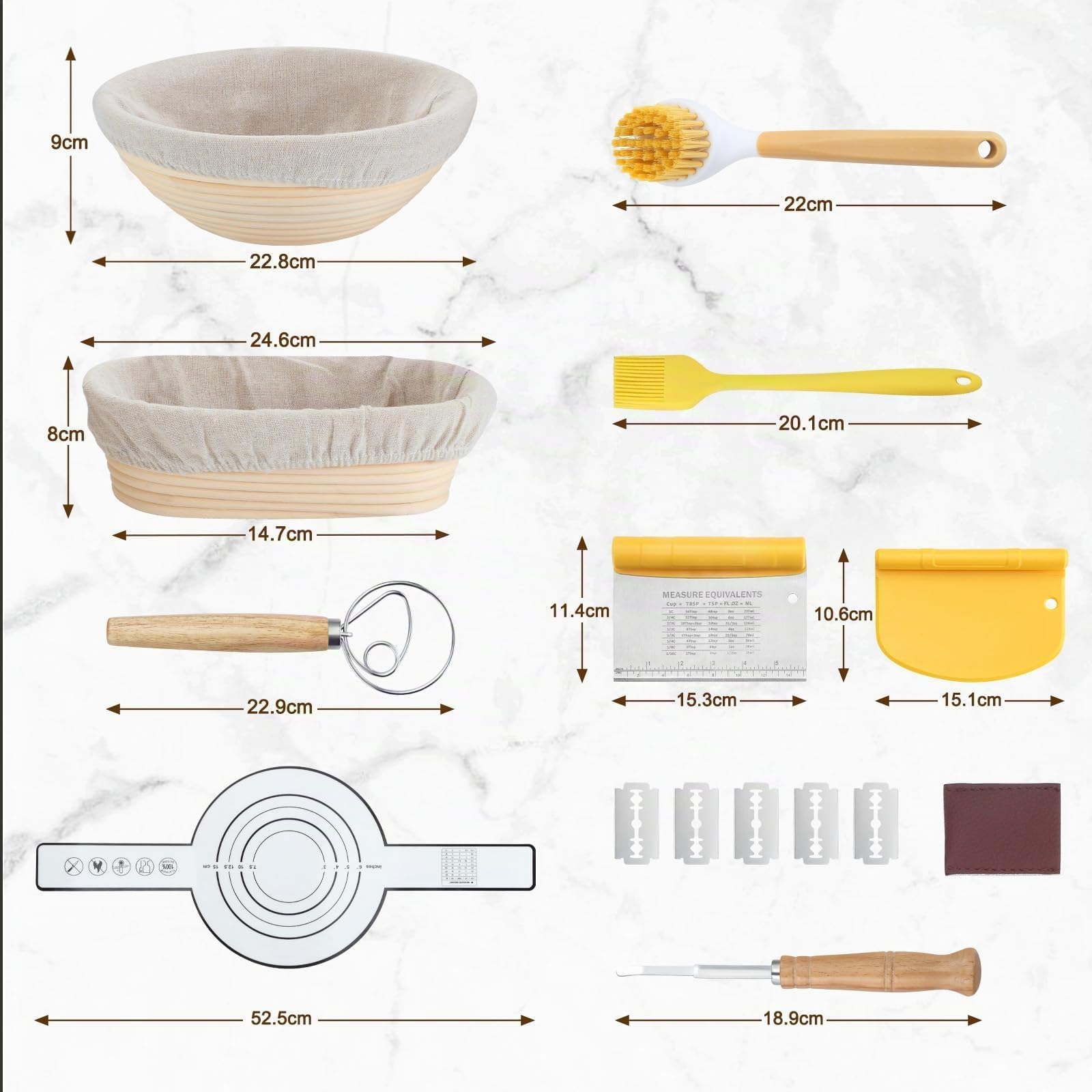 BEWOS Cesta de Fermentación para Pan de 9 Piezas - Contiene Canasta Oval 25 cm y Redonda 23 cm para Fermentar, Hecho en Mimbre Natural, con una Rasqueta y su Funda Protectora