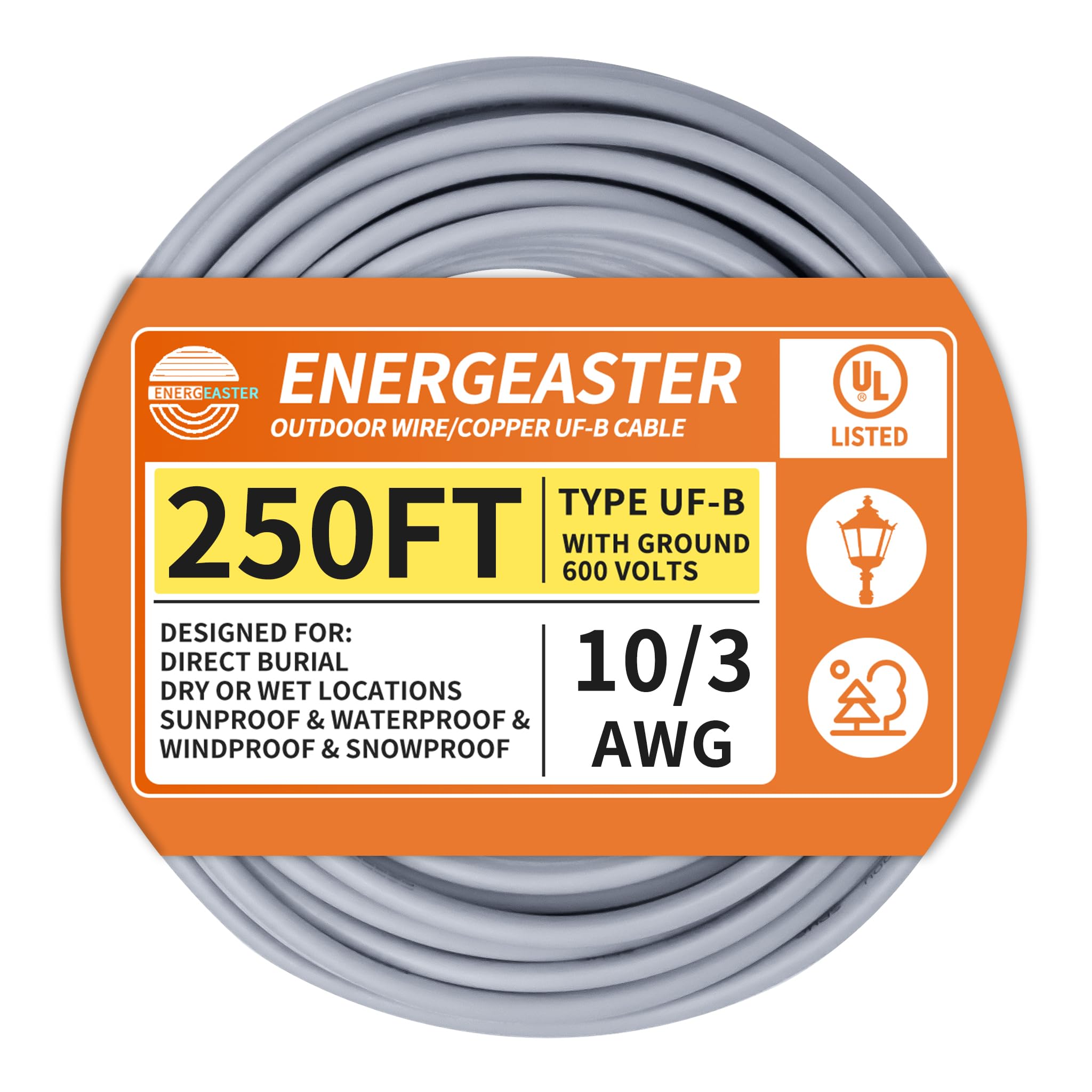 Photo 1 of 10/3 UF-B Wire 250FT Pure Copper Direct Burial Cable, Sunlight & Moisture Resistant, Ideal for Outdoor Lighting & Pump Installations & Residential Indoor Electrical Projects