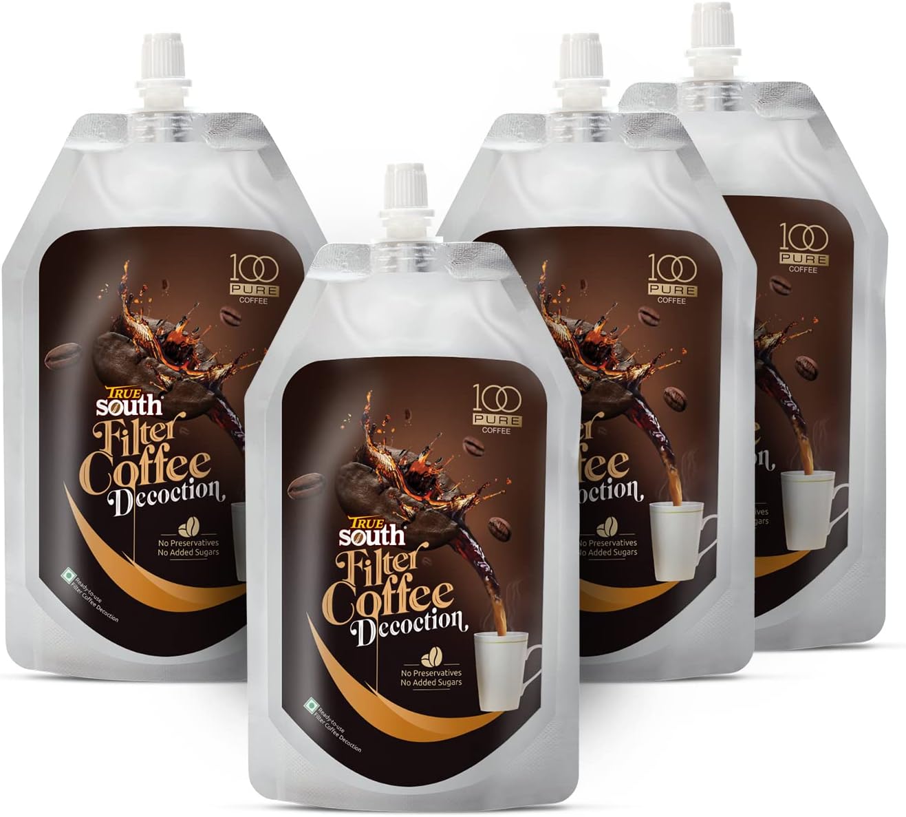 TrueSouth 100-Pure | Ready-to-use Filter Coffee Decoction | 200ml Pouch | Authentic Taste, Value and Convenience (Pack of 4)