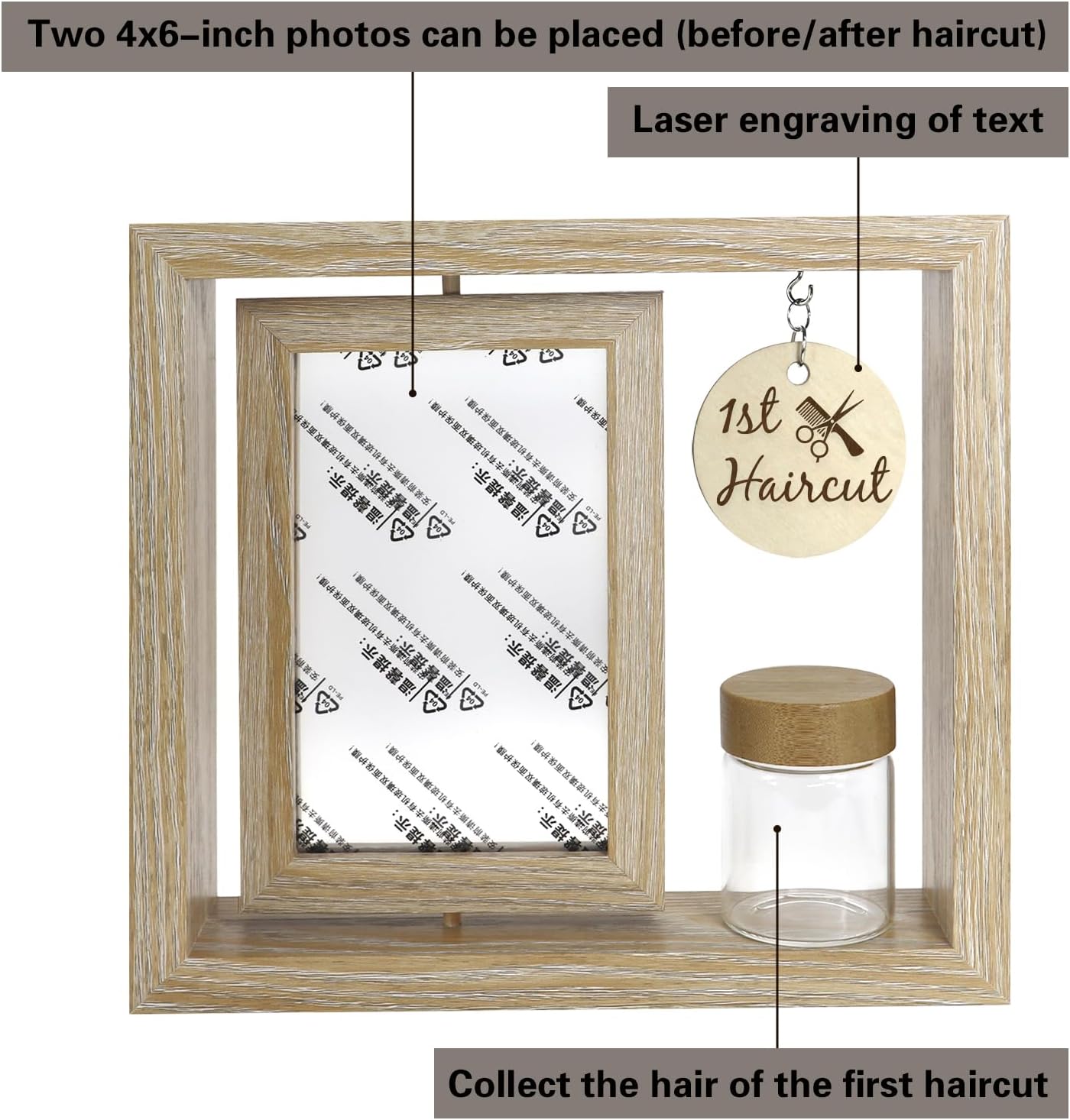 Custom My First Haircut Keepsake Frame - Rotatable Display of Before and After Haircut Photos with Glass Keepsake Jar for Baby Hair,Newborn Memory Gift for Boy or Girl,Holds Two 4x6 Pictures (wood1)