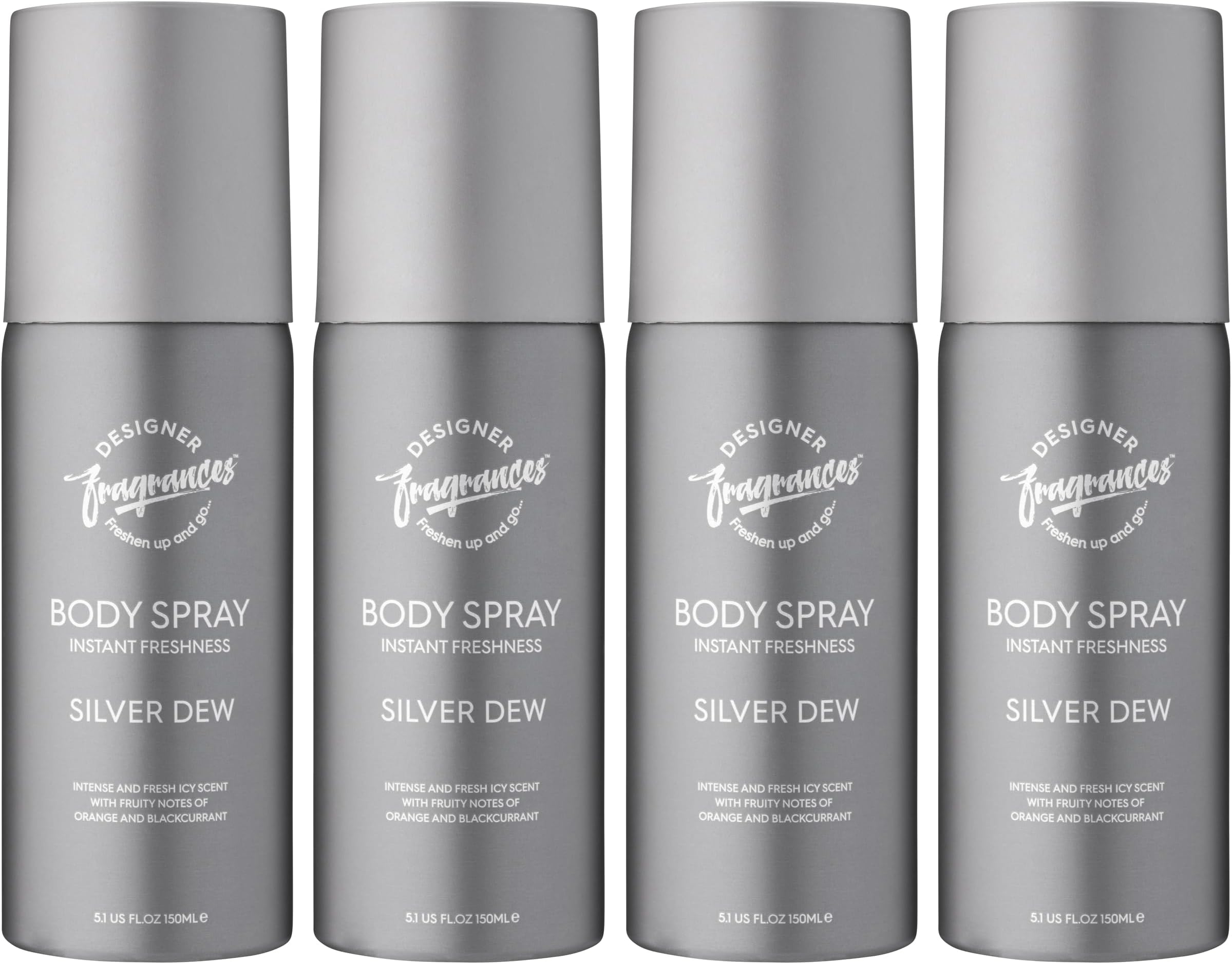 Designer Fragrances 4 Pack Silver Dew Men's Body Spray Deodorant Cans - For Instant Freshness on The Go - Long Lasting Smell - Great Male Gift Sets - 150ml