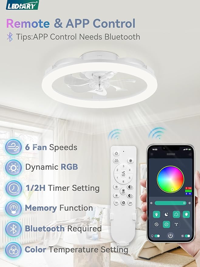 Ventilador de Techo 20 Pulgadas con Luz Dimmable RGB, 6 Velo miniatura 4